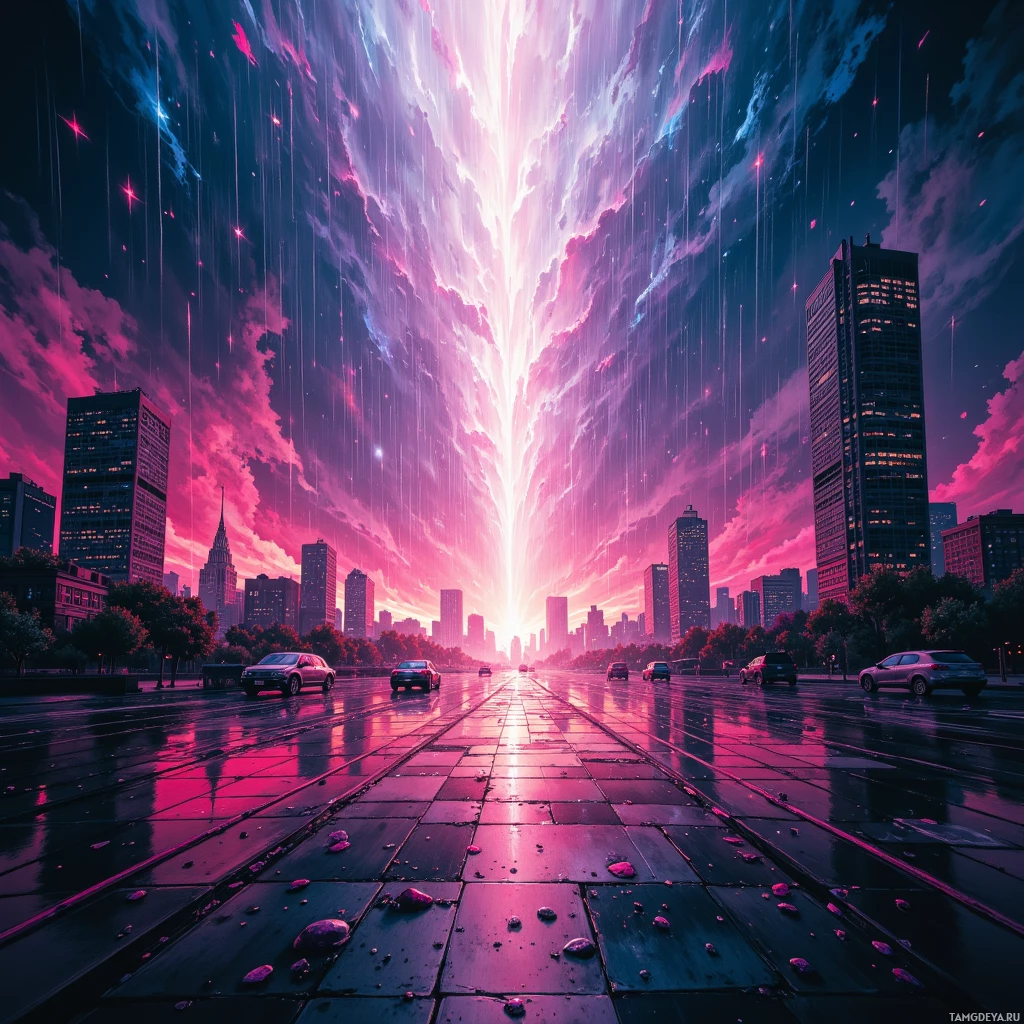 Semi-abstract image with many empty light space at center of beautiful background, that is suitable for the post:  The city dissolves into neon rain, each droplet a forgotten script fragment.