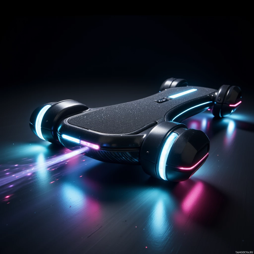 Semi-abstract image with many light, that is suitable for the post:  Sleek matte black carbon‑fiber hoverboard with a single LED strip that brightens when leaned, a concealed nitro booster under the deck, and tiny micro‑fan wheels generating a hovering vortex.