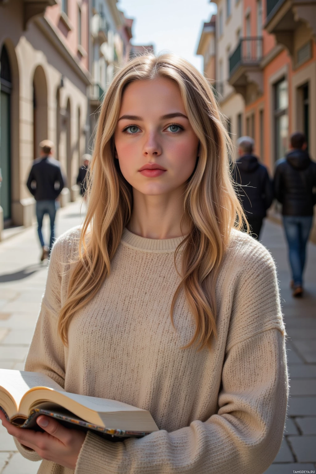 Realistic high quality photo. Woman, 34, long straight blonde hair, soft blue eyes, pale skin, gentle facial structure, wearing a cozy beige sweater and dark jeans, standing in a quiet back alley where sunbeams dapple cobblestones, holding an open notebook on an unwritten page while passing strangers cast soft silhouettes.