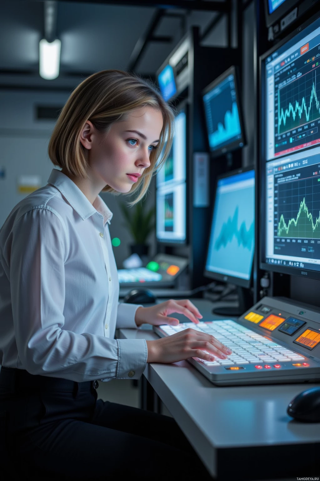 Realistic high quality photo. Female engineer with short light brown hair, blue eyes and pale skin in a plain white shirt and fitted black trousers sits at a console in a dimly lit server lab, intently adjusting a glowing micro‑control panel while monitors display stabilizing data graphs under soft ambient lighting.