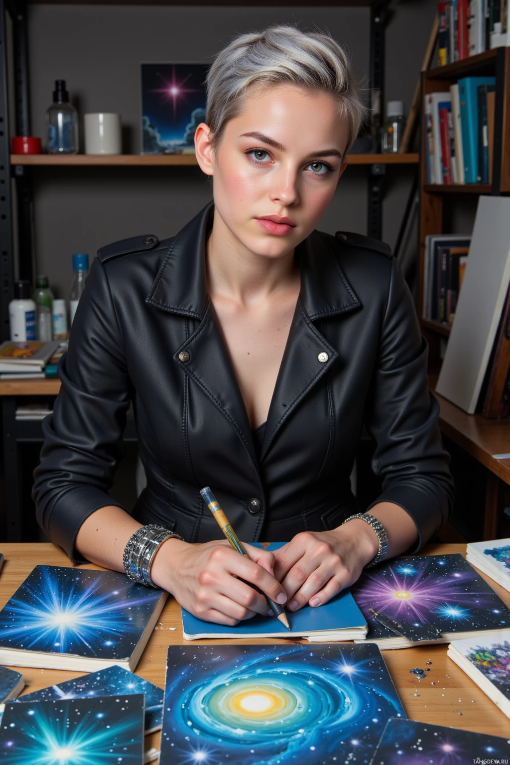 Realistic high quality photo. A 27‑year‑old woman with sharp features, silver asymmetrical hair, piercing green eyes, pale skin, wearing an avant‑garde black jacket with bold geometric prints and chunky silver bracelets, sits alone at a cluttered loft studio in twilight darkness, painting intently with ink strokes that radiate like starbursts against scattered notebooks arranged like galaxies.