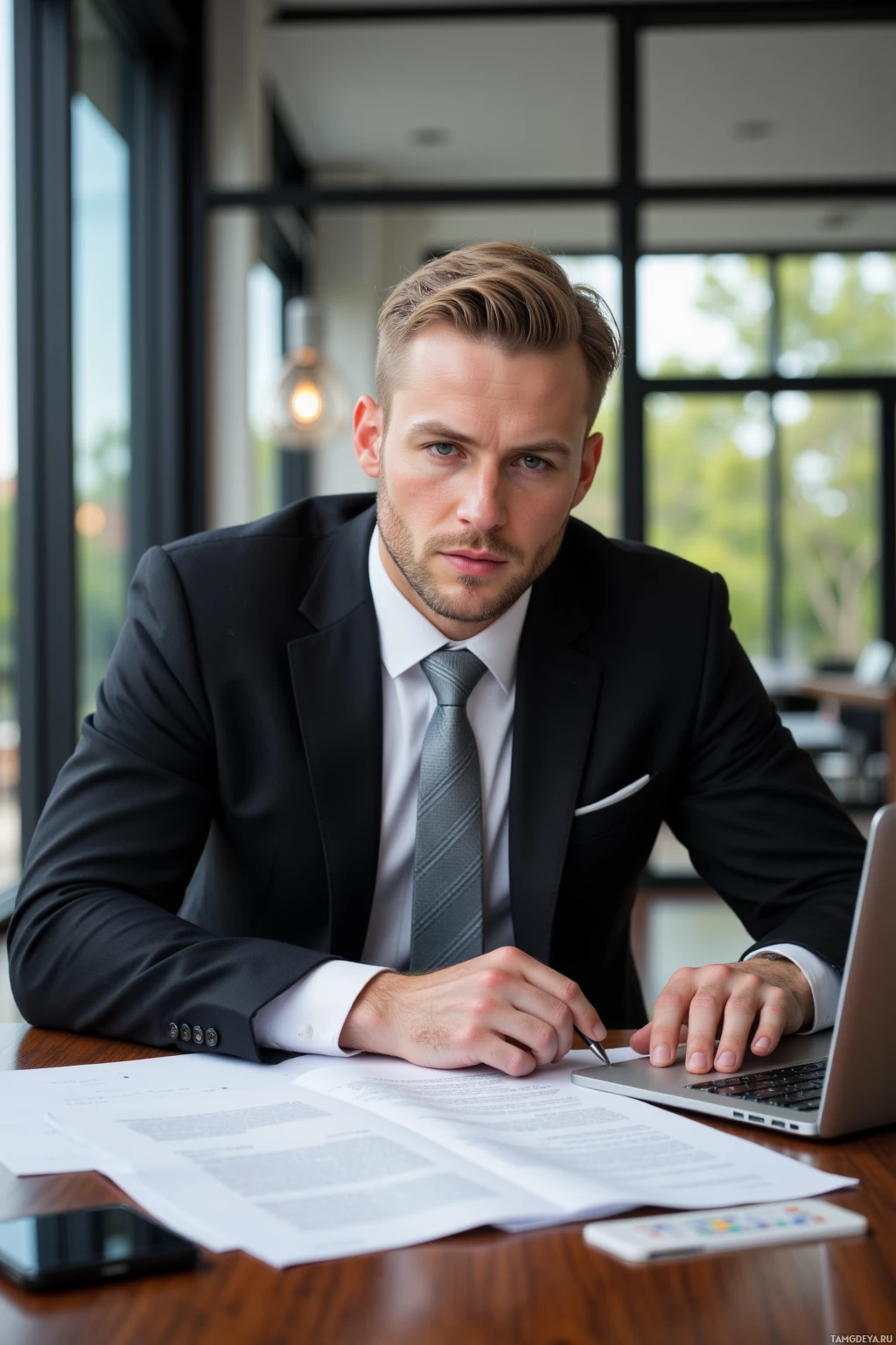 Realistic high quality photo. A 34‑year‑old male lawyer with slicked-back blonde hair, blue eyes, sharp jawline and prominent cheekbones, wearing a black suit, crisp white shirt and silver tie, sits at a polished wooden desk in a modern office with large glass windows, reviewing a settlement draft on a laptop while a stack of legal documents lies beside him, his expression focused and composed.