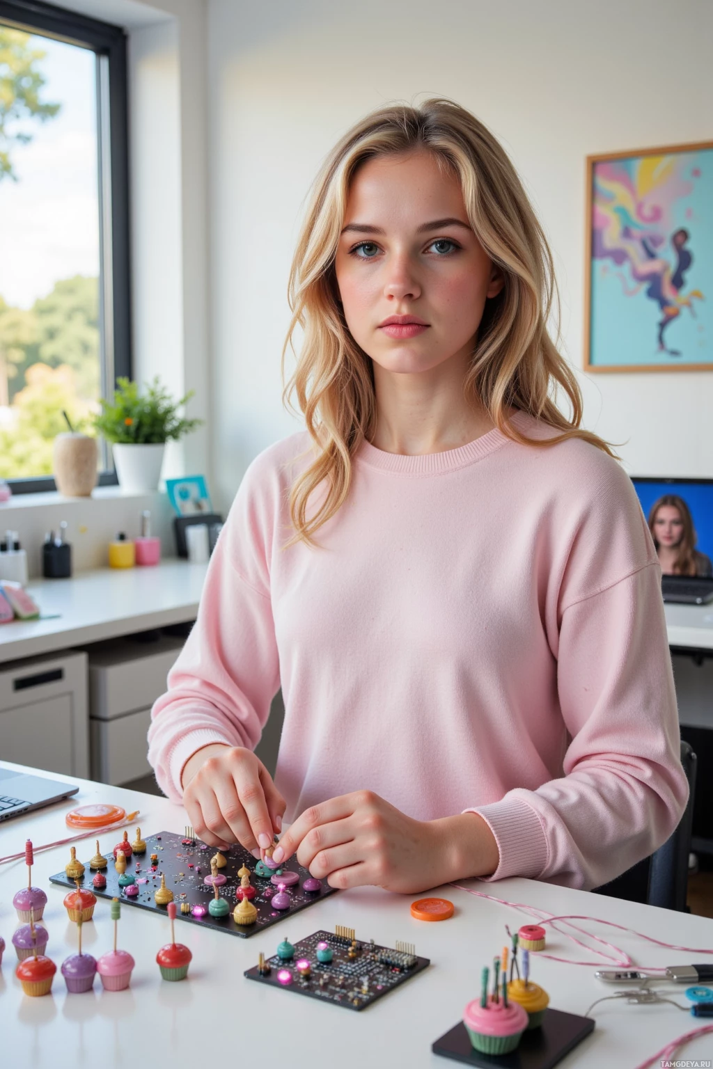 Realistic high quality photo. A 24‑year‑old woman with curly blonde hair, bright blue eyes, wearing a pastel jumper and pale jeans, stands in a modern pastel‑wired electronics lab arranging googly‑eyed resistors like cupcake tops on a dark PCB glowing with pink LEDs while decorating it with glittery foam tape, surrounded by neat pastel wires and a laptop showing a Zoom call in bright morning light.