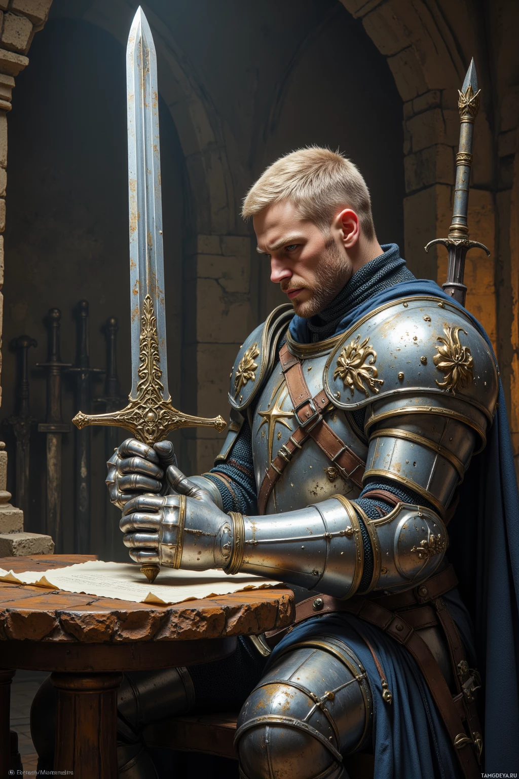 Realistic high quality photo. Broad-shouldered male knight, 30, pale skin, short blonde hair, sharp blue eyes, ornate silver armor trimmed in gold, oversized sword strapped to back polishing ancient steel in a dim stone armory lined with old weapons while writing on parchment, echoing clang of old steel.
