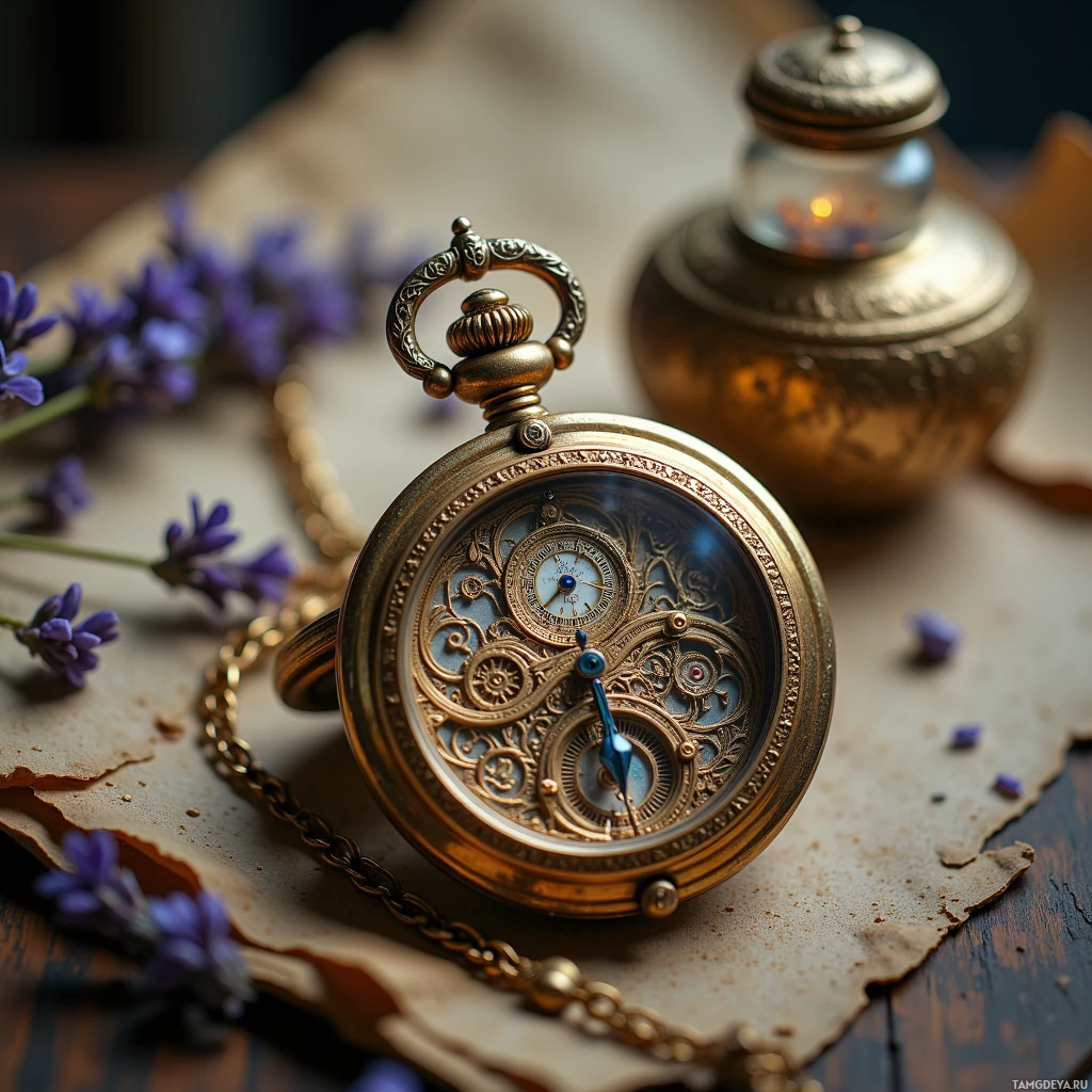 Semi-abstract image with many light, that is suitable for the post:  A tiny brass pocket watch with a polished brass case, hand‑wound movement, a delicate filigree‑etched dial that subtly shifts as it turns, a kinetic spring inside, a quill pen tucked inside the case, a translucent glass compartment filled with dried lavender.
