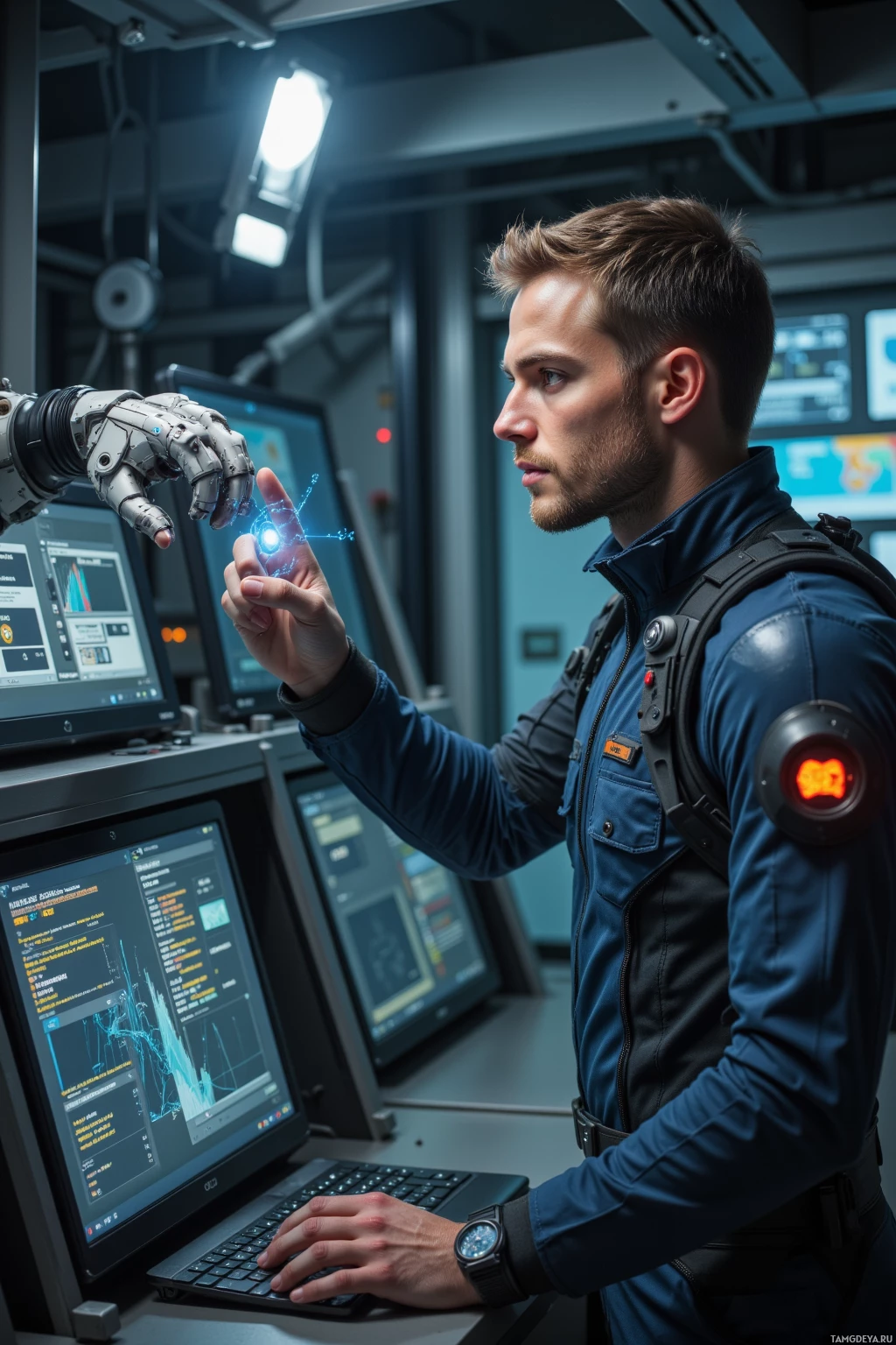 Realistic high quality photo. Male engineer, 40, short light brown hair, blue eyes, wearing a sleek futuristic jumpsuit with metallic accents, calibrating torque on a LatticeArm in a dimly lit night shift robotic lab surrounded by humming machinery and glowing LED panels, intently watching holographic debug logs, his focused expression embodying meticulous precision and stubborn idealism.