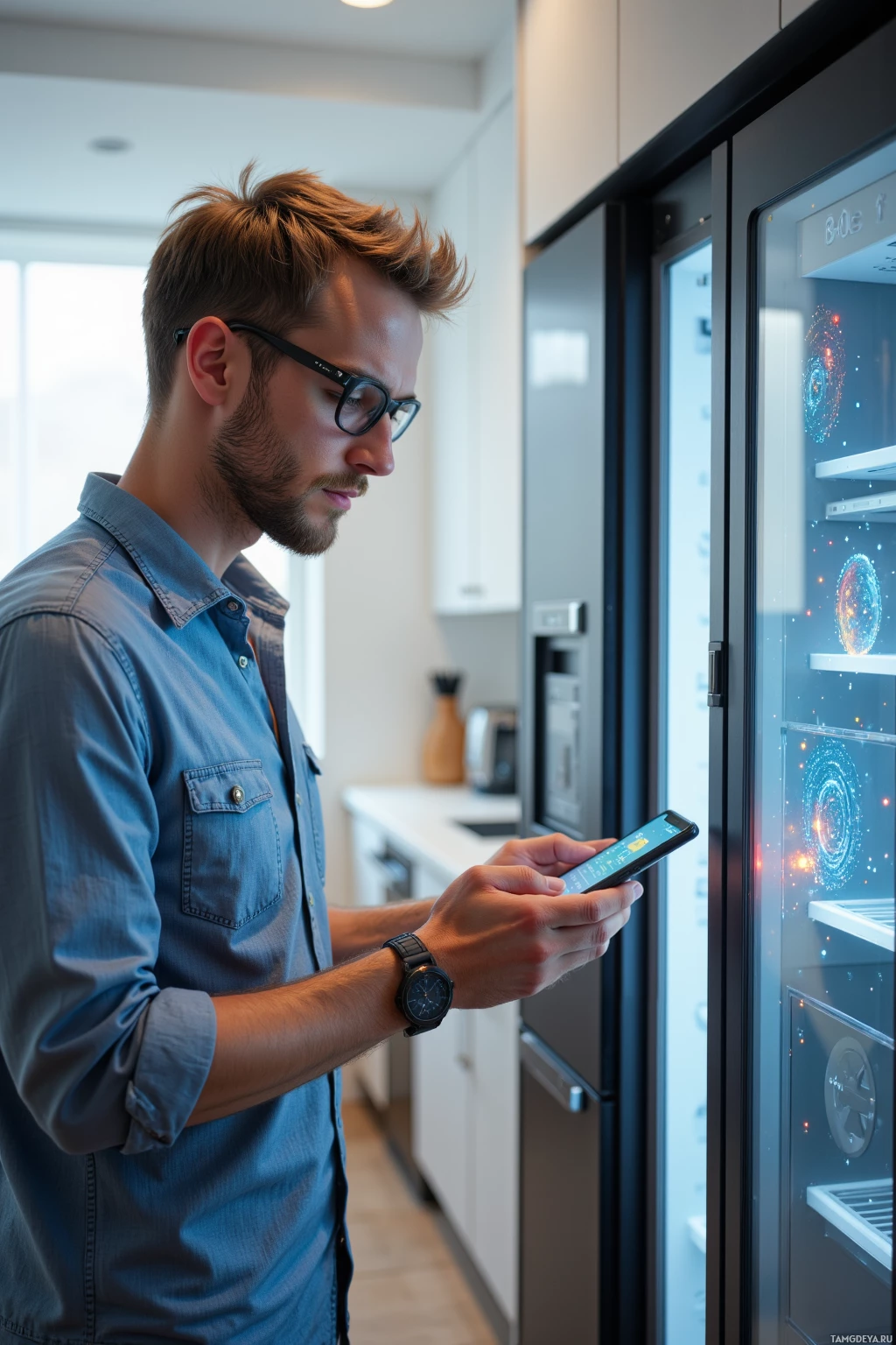 Realistic high quality photo. A 31‑year‑old man with short spiky blonde hair, angular jawline, defined eyebrows, black‑rimmed glasses, casual button‑up shirt, holding a smartphone and smartwatch, calibrating a kitchen AI fridge with a glowing holographic display of quantum temperature anomalies in a bright, modern kitchen, his focused posture reflecting excitement and mild frustration.