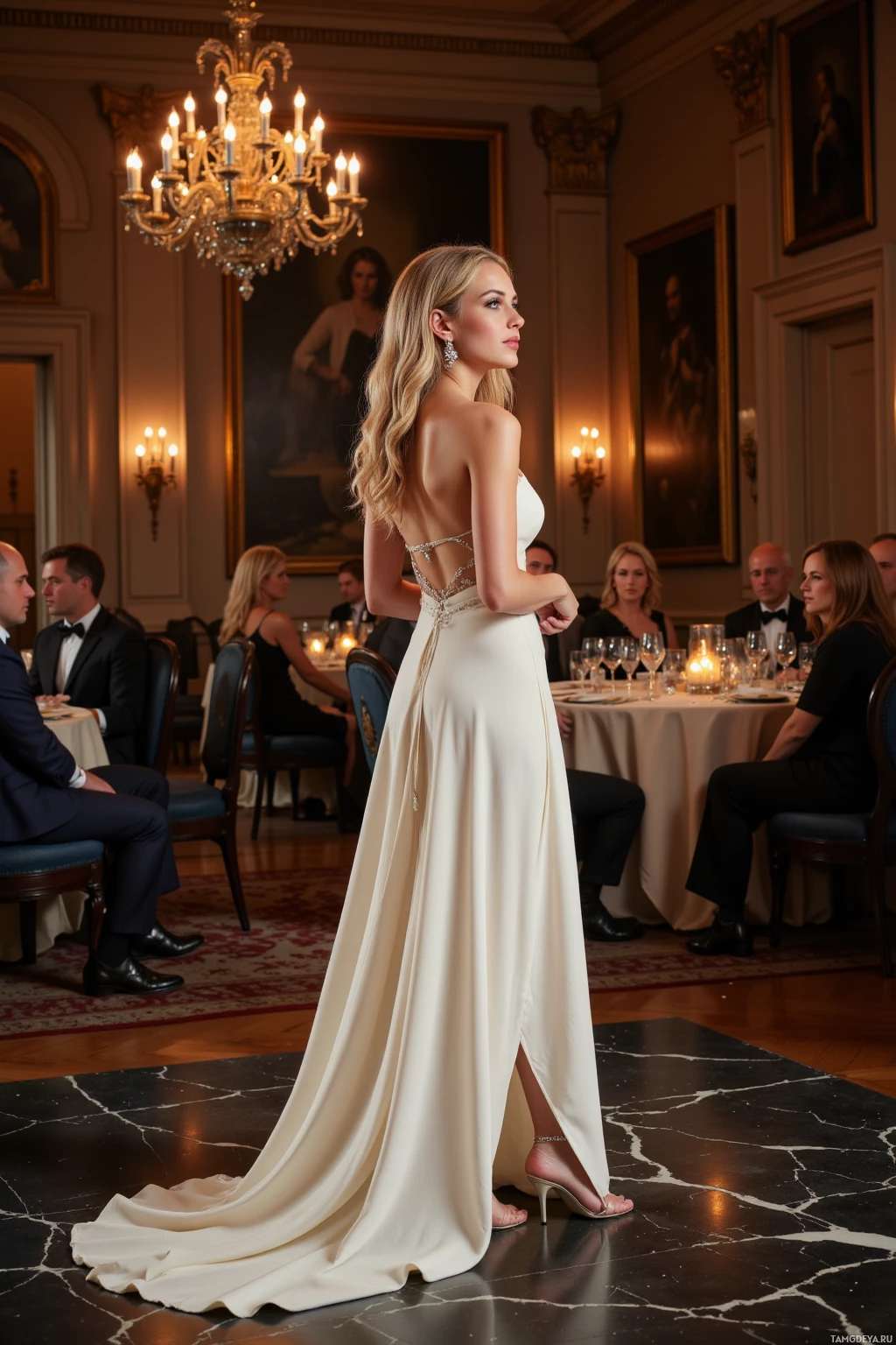 Realistic high quality photo. 31‑year‑old woman with long curly blonde hair wearing a flowing white evening gown and delicate jewelry, standing on a marble podium amid dim candlelight in a grand charity banquet hall at midnight, stiletto heels visible as she addresses an elegant crowd of philanthropists.