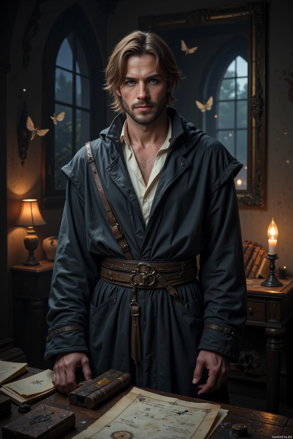 Realistic high quality photo. A 36‑year‑old man with light brown shoulder‑length hair, pale blue eyes, pale skin, wearing loose charcoal‑gray robes with faint arcane embroidery, stands in a dim study at night with a single lamp casting warm light, a cracked parchment with a stubborn rune, a moth hovering near a window, and a reflective surface behind him echoing his satisfied smirk.