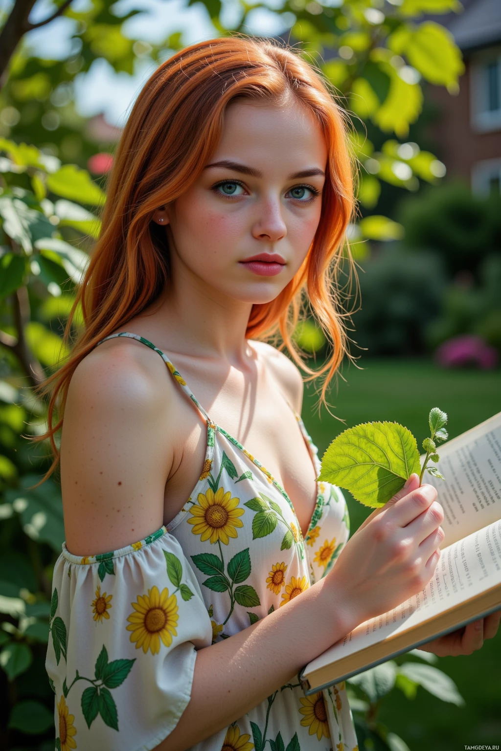 Realistic high quality photo. A 27-year-old woman with bright red loose waves and blue eyes, pale skin, wearing a flowing floral-patterned dress above the knees, stands in a sunlit garden among lush greenery, holding an unfolding green leaf with intricate vein lattice while a notebook lies open beside her, her expression focused yet gentle as she observes botanical patterns.