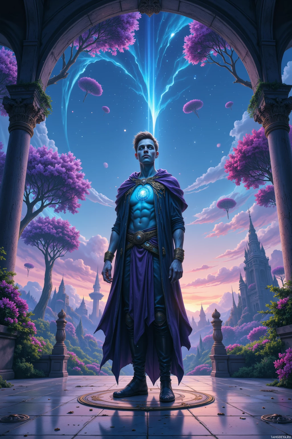 Realistic high quality photo. A slender 31‑year‑old man with short light brown hair, piercing blue eyes, pale glowing skin, wearing a flowing starry cloak, stands serenely on a floating plaza at dusk surrounded by orbital gardens of bioluminescent vines pulsing in sync with distant pulsars, his quantum key clinking against his chest, smiling as the night sky settles over the glowing garden.