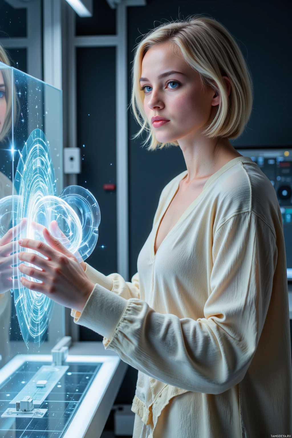 Realistic high quality photo. 25-year-old woman with short blonde hair, blue eyes, cream-toned layered clothing, standing in a futuristic rendering studio at midnight, manipulating a floating 3D mesh on a holographic screen, surrounded by chrome and velvet textures and translucent metal reflections, her hands poised over a disappearing base mesh, illuminated by soft bioluminescent panels.