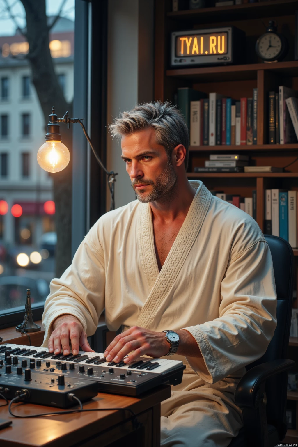 Realistic high quality photo. 40‑year‑old male with short gray hair, bright blue eyes and fair skin in a loose cream robe featuring geometric patterns, seated at an apartment desk tuning a synthesizer on the back shelf while a blinking digital clock above the window ticks, streetlights flicker outside as evening hum fades into quiet.