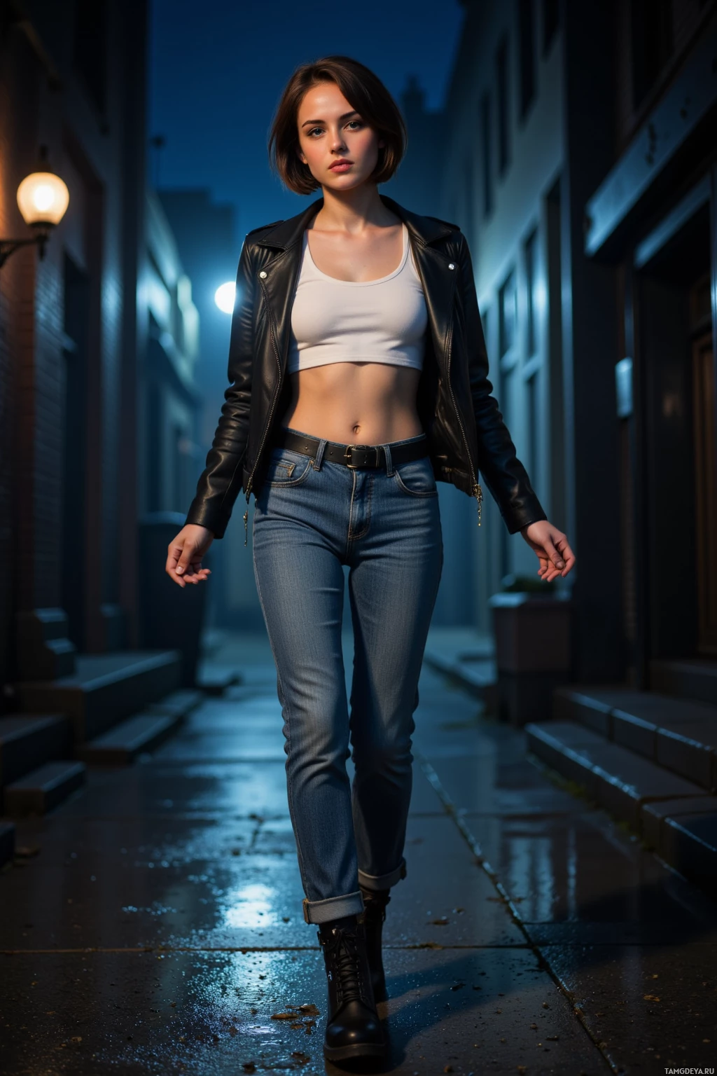 Realistic high quality photo. Woman with short dark hair, brown eyes, porcelain skin wearing a black leather jacket, white tank top, denim jeans, and black combat boots, dancing energetically through a dim back alley at night under faint blue glowing pulses on the pavement, her silhouette mid‑step.