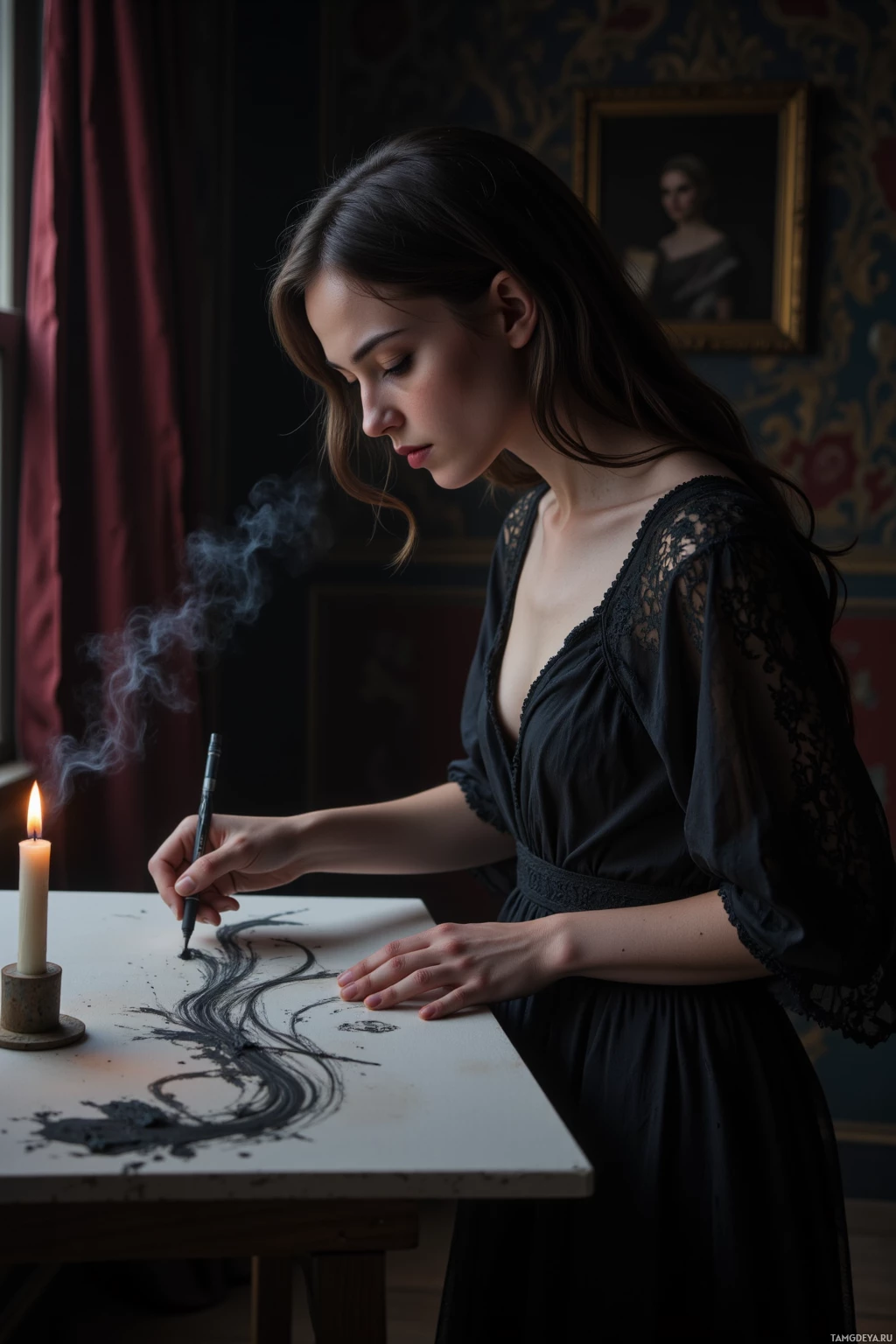 Realistic high quality photo. Pale 26‑year‑old woman with raven‑black wavy hair, porcelain skin, wearing a flowing black lace dress, stands in a dusk‑lit studio with a velvet curtain, tracing charcoal lines on a canvas beside a flickering candle, ash from her breath scattering across the surface, surrounded by deep shadows and an intense, melancholic aura.