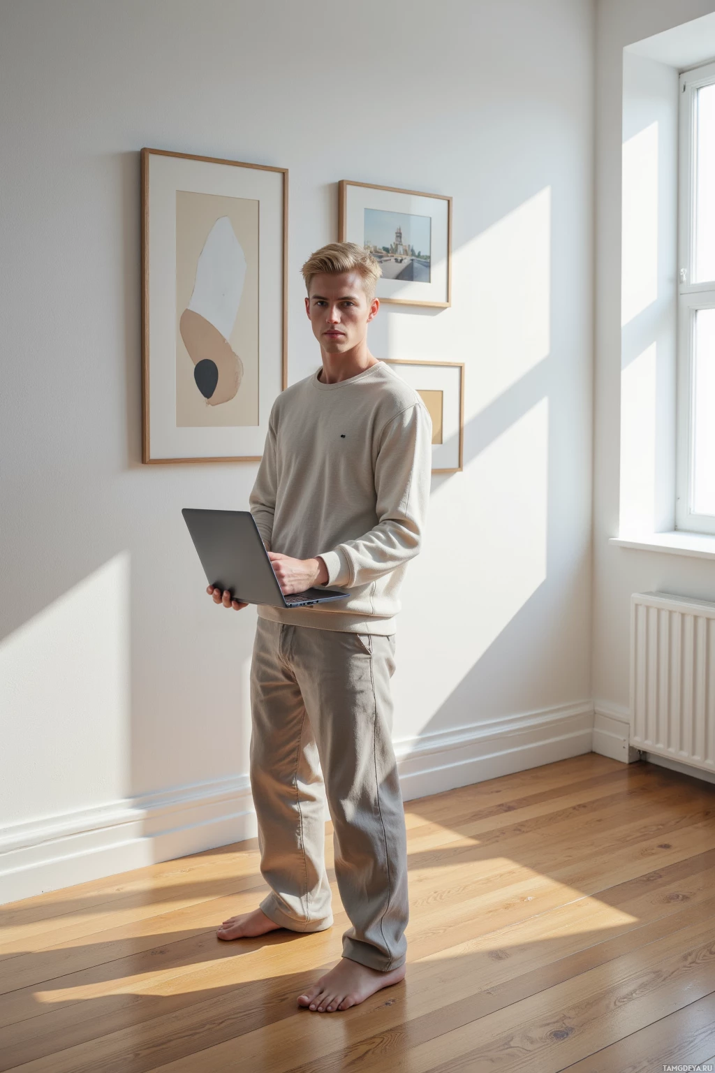 Realistic high quality photo. Male 26 with short blonde hair, sharp blue eyes and pale complexion, angular features, wearing neutral‑colored minimalist clothing with sleek lines, standing in a modern living room wall lined with slightly misaligned gallery frames and a matte print hanging off‑center, natural afternoon light from a window casting soft shadows on the clean white walls and polished hardwood floor while he intently edits photographs on a laptop.