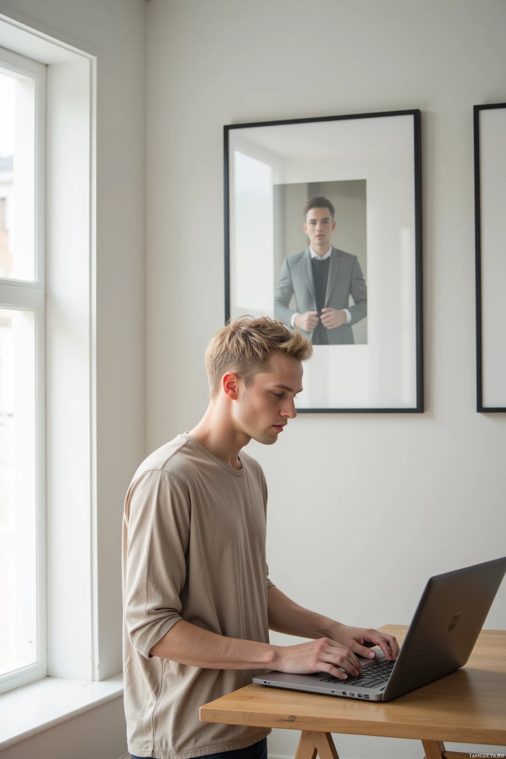 Realistic high quality photo. Male 26 with short blonde hair, sharp blue eyes and pale complexion, angular features, wearing neutral‑colored minimalist clothing with sleek lines, standing in a modern living room wall lined with slightly misaligned gallery frames and a matte print hanging off‑center, natural afternoon light from a window casting soft shadows on the clean white walls and polished hardwood floor while he intently edits photographs on a laptop.