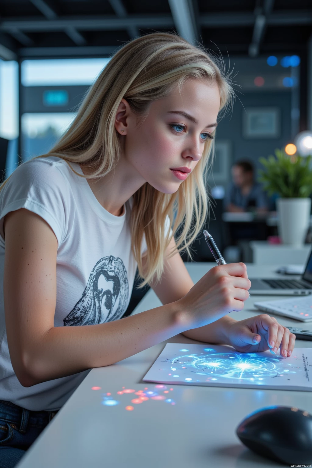 Realistic high quality photo. A 27‑year‑old woman with light blonde hair, blue eyes, wearing denim jeans and a white graphic t‑shirt, sketching ethical AI companion concepts on a laptop running an AR SDK, while desk lights flicker in sync with her ideas, in a modern office with a humming workstation.
