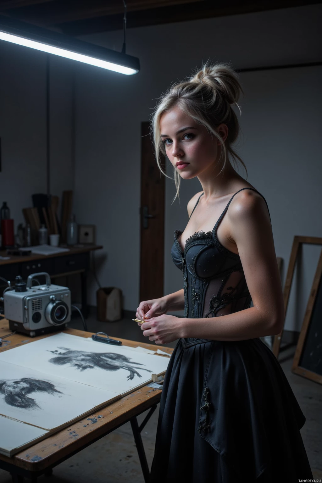 Realistic high quality photo. Female, 31, silver‑gray hair in a messy bun, dark brown eyes, porcelain skin, wearing a black lace corset and a flowing embroidered skirt, standing in the back corner of a dim studio at midnight, charcoal sketches on a table, an old projector humming, a thin strip of neon glow illuminating her work, studio door shut, air heavy, her posture reflective and withdrawn.