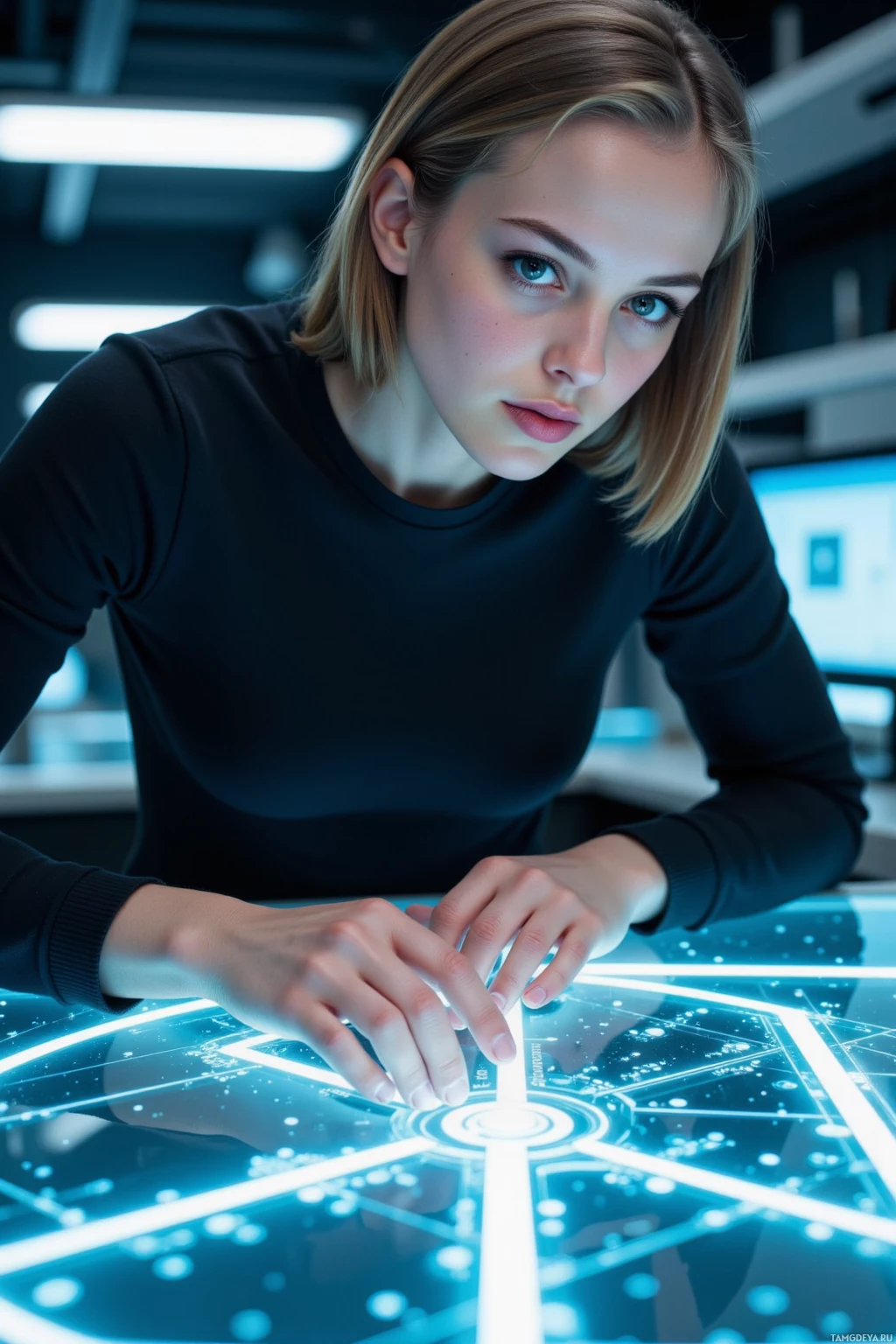 Realistic high quality photo. A 24-year-old woman with light brown sleek bob, blue eyes, pale skin, wearing minimalist monochrome clothing, stands in a futuristic starship design lab with cool blue ambient light, studying a glowing holographic schematic of a biometric pulse interface projected on a transparent worktable, her precise hands holding a stylus as she methodically analyses the data.