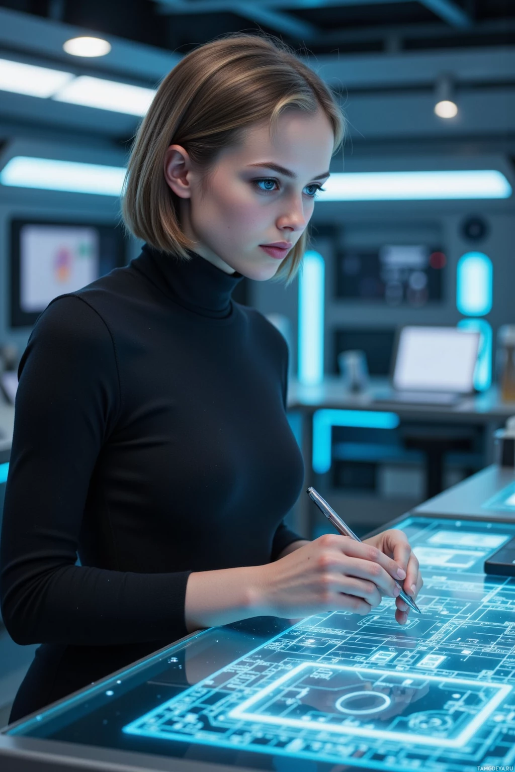 Realistic high quality photo. A 24-year-old woman with light brown sleek bob, blue eyes, pale skin, wearing minimalist monochrome clothing, stands in a futuristic starship design lab with cool blue ambient light, studying a glowing holographic schematic of a biometric pulse interface projected on a transparent worktable, her precise hands holding a stylus as she methodically analyses the data.