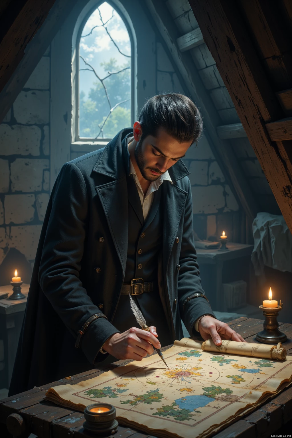 Realistic high quality photo. A tall slender male 28 years old with slick black hair and green eyes, wearing a long tailored coat, stands in a dim attic loft filled with dusty parchment and a cracked window letting moonlight spill over an antique map as he traces its intricate edges with a quill, ink swirling softly.