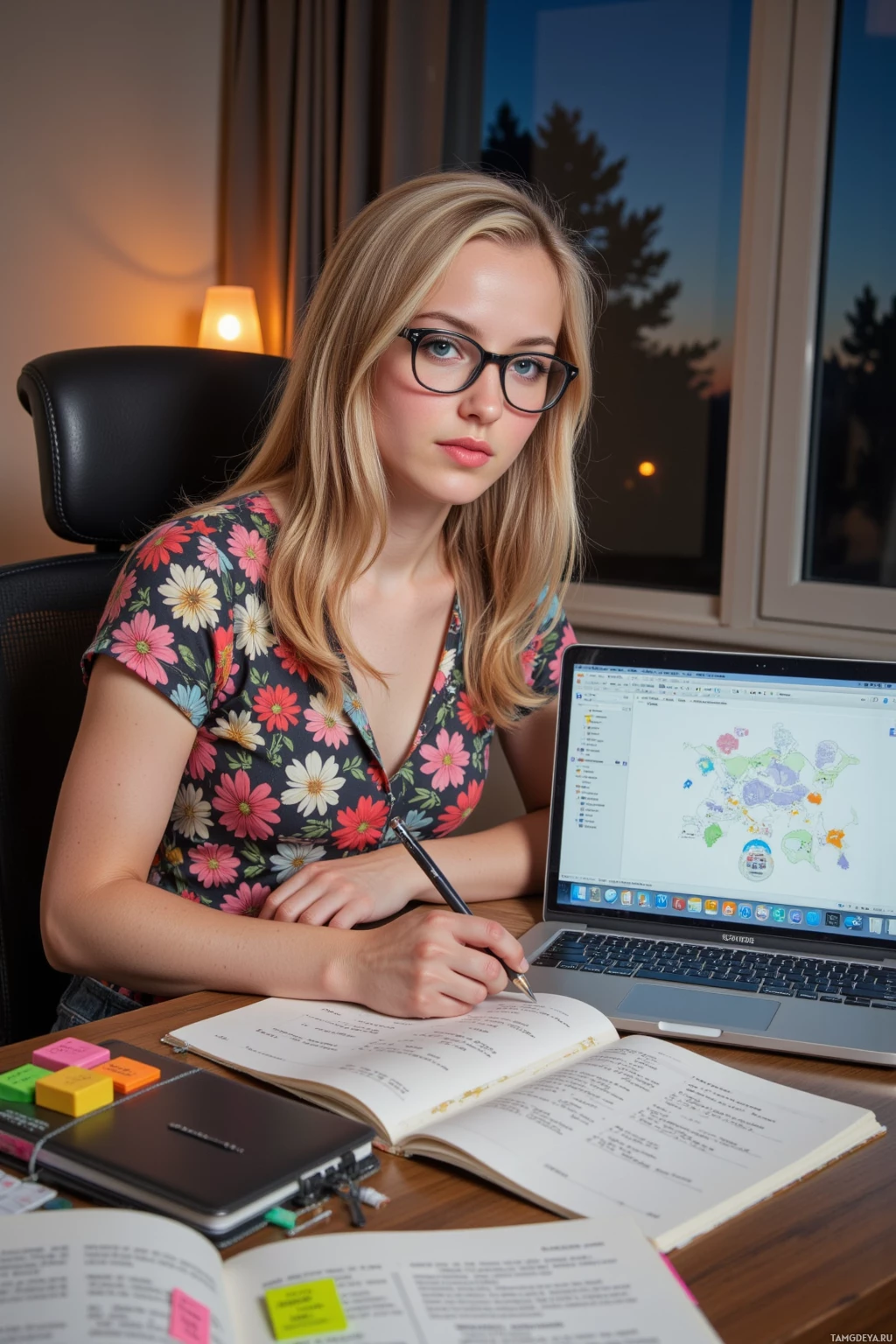 Realistic high quality photo. A 24‑year‑old woman with shoulder-length blonde waves, bright blue eyes, fair skin, wearing a colorful top and jeans with black‑framed glasses perched on her nose, sits at a modern home office desk in the evening sketching a detailed curriculum map on paper while a laptop shows a schedule calendar, surrounded by organized notebooks and motivational sticky notes.