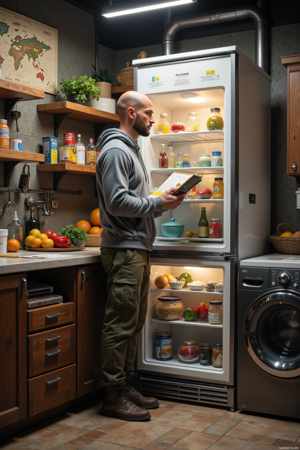 Realistic high quality photo. Man, 29, light brown buzz cut, blue eyes, light skin, wearing fitted hoodie and military‑style pants with combat boots, stands in a modern pantry at dawn with a clipboard mapping shelves to a supply‑chain diagram while an antique map hangs on the wall; the fridge door closes on a perfectly ordered array of produce and a washing machine shows its timer set for 06:30 sunrise.