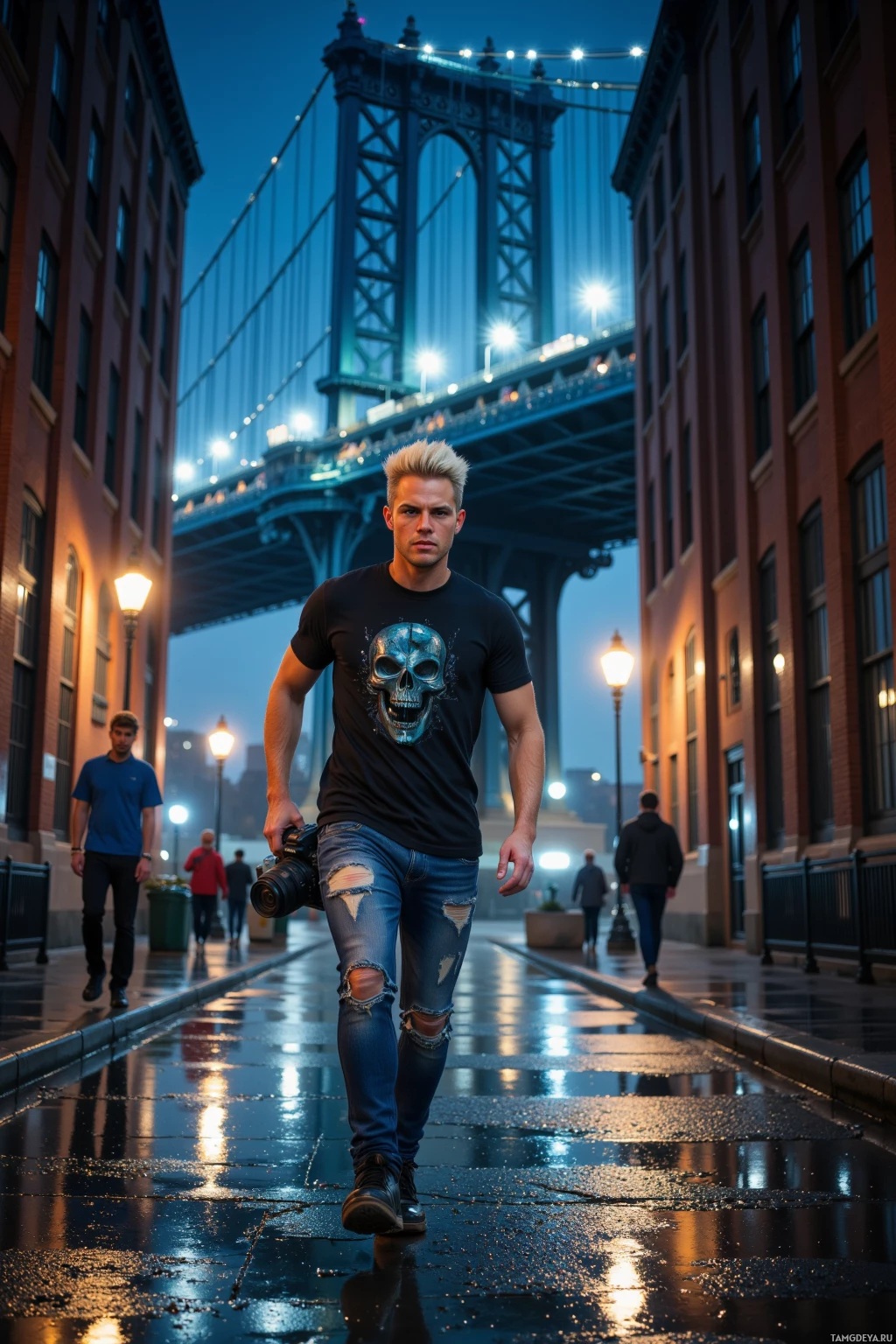 Realistic high quality photo. Man with spiky bleach‑blonde hair and piercing blue eyes, pale skin, wearing a graphic tee, distressed jeans, black sneakers, camera in hand, sprinting down rain‑slick city alley at night beneath flickering bridge lights while filming a lone saxophonist on the curb.