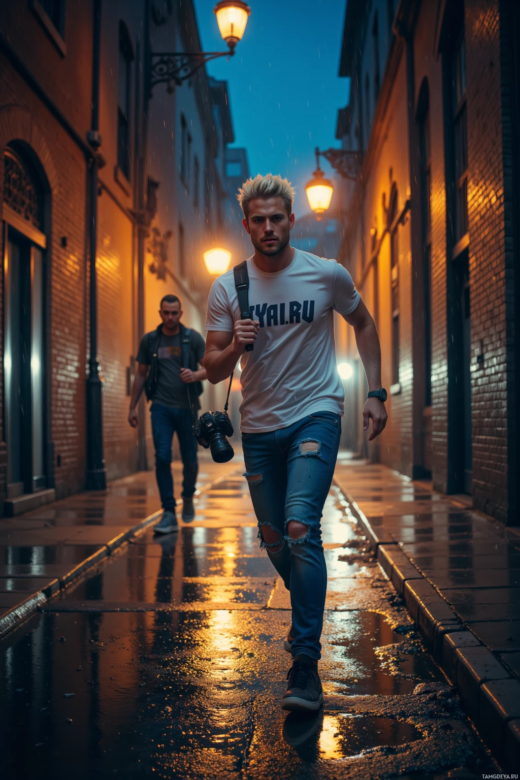 Realistic high quality photo. Man with spiky bleach‑blonde hair and piercing blue eyes, pale skin, wearing a graphic tee, distressed jeans, black sneakers, camera in hand, sprinting down rain‑slick city alley at night beneath flickering bridge lights while filming a lone saxophonist on the curb.