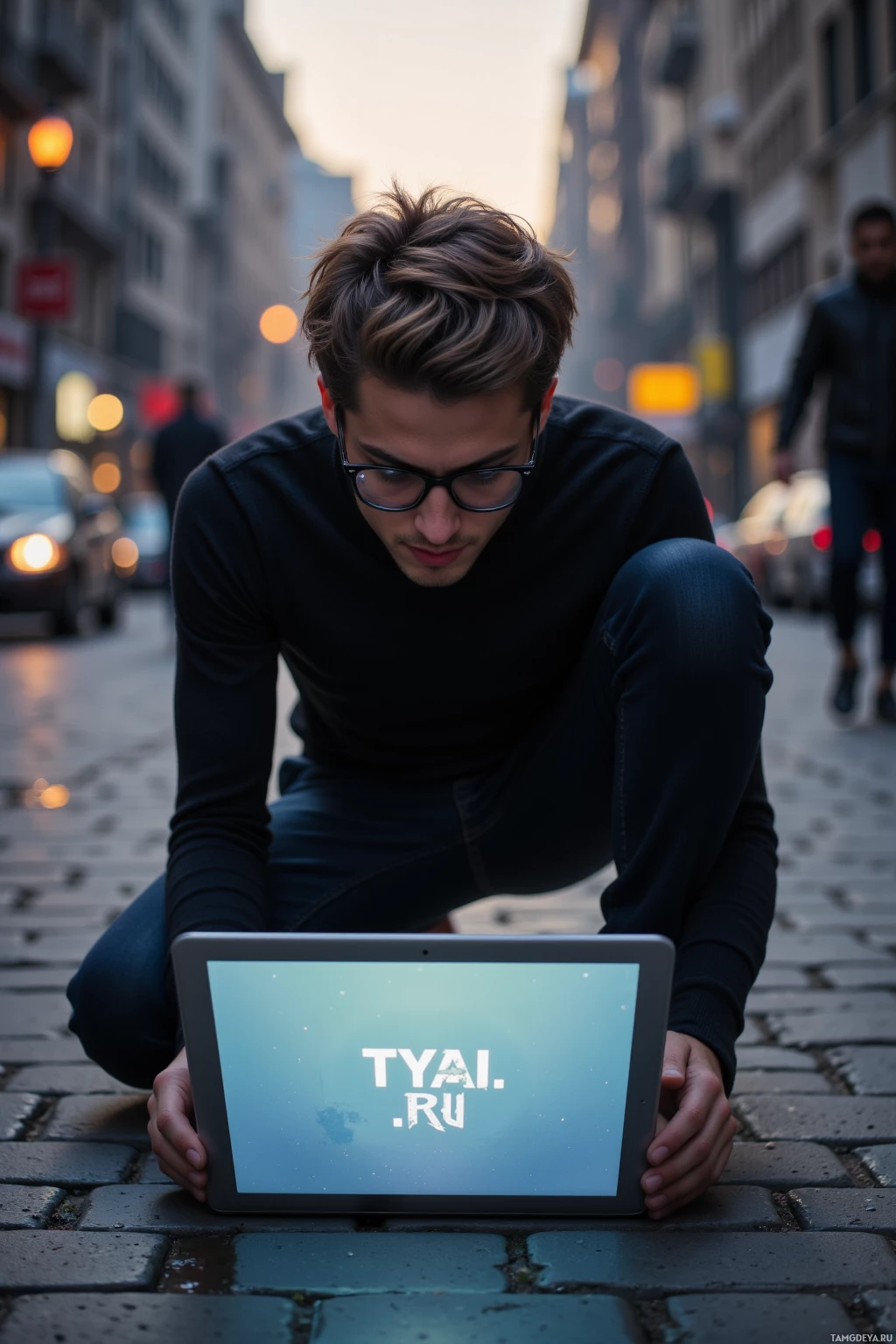 Realistic high quality photo. A 27-year-old man with light brown neatly styled hair, glasses, wearing a minimalist black turtleneck and dark jeans, hunched over a laptop screen showing glitchy pixelated errors on a muted gradient background, then stepping onto a quiet street at dusk to watch the city lights ripple in a puddle.