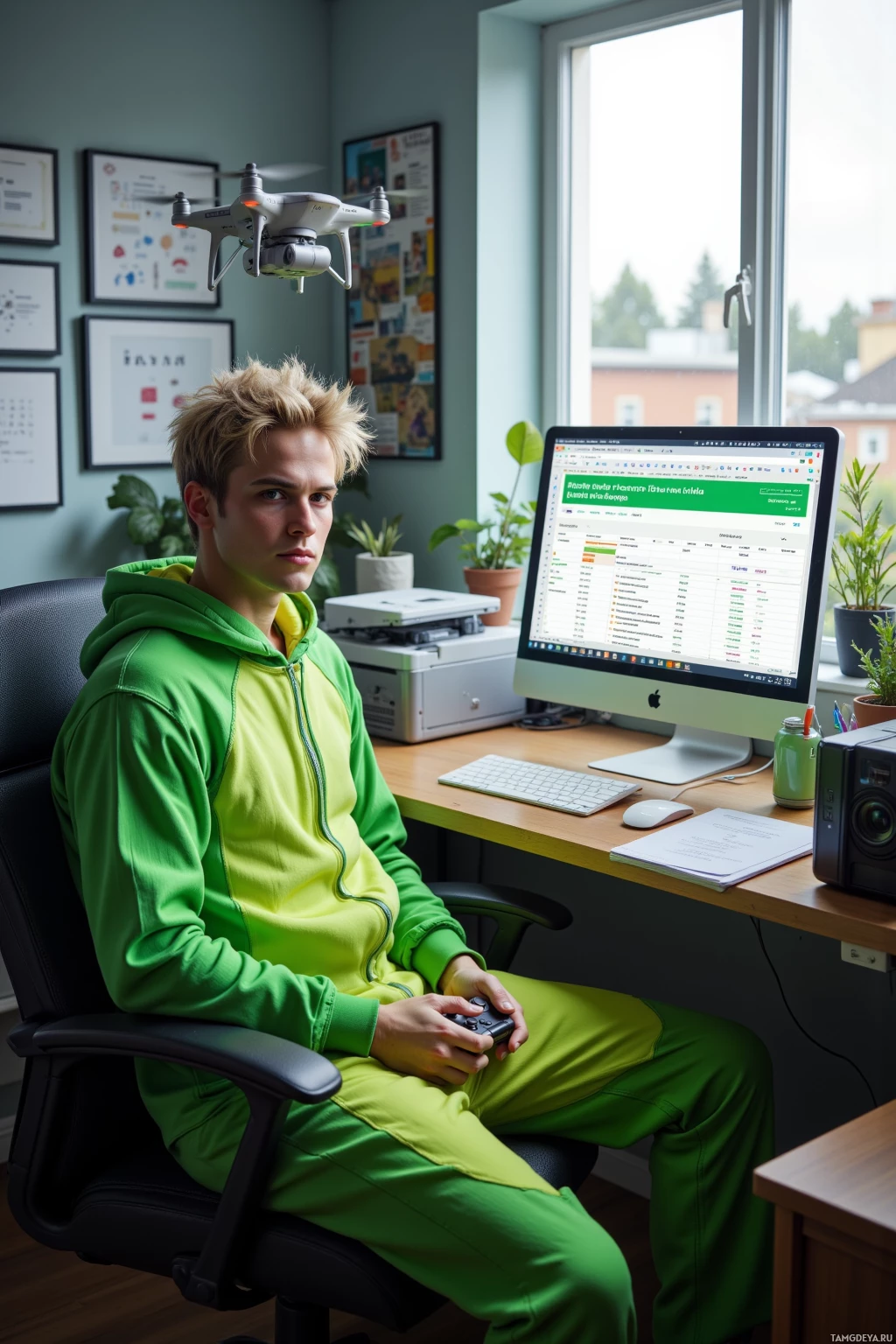 Realistic high quality photo. A pale‑skinned male in his late twenties with short messy blonde hair and clear blue eyes wearing a bright green crocodile onesie sits calmly at an office desk corner, holding a gaming controller, watching a malfunctioning printer while a smartphone text about craving a sandwich lights up beside him; outside the window a drone drops a snack parcel into the wrong house and a spreadsheet predicting comedic outcomes is open on his monitor under midday light.
