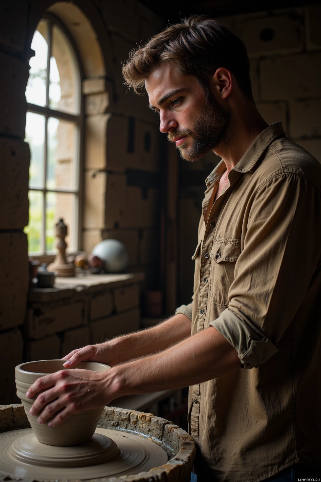 Realistic high quality photo. A contemplative 31‑year‑old man with short light brown hair, salt‑and‑pepper beard, calm blue eyes, wearing a loose earth‑toned linen shirt, stands in a dim stone‑work studio at an antique clay wheel, pressing hands into dense clay as morning light filters through dusty windows.