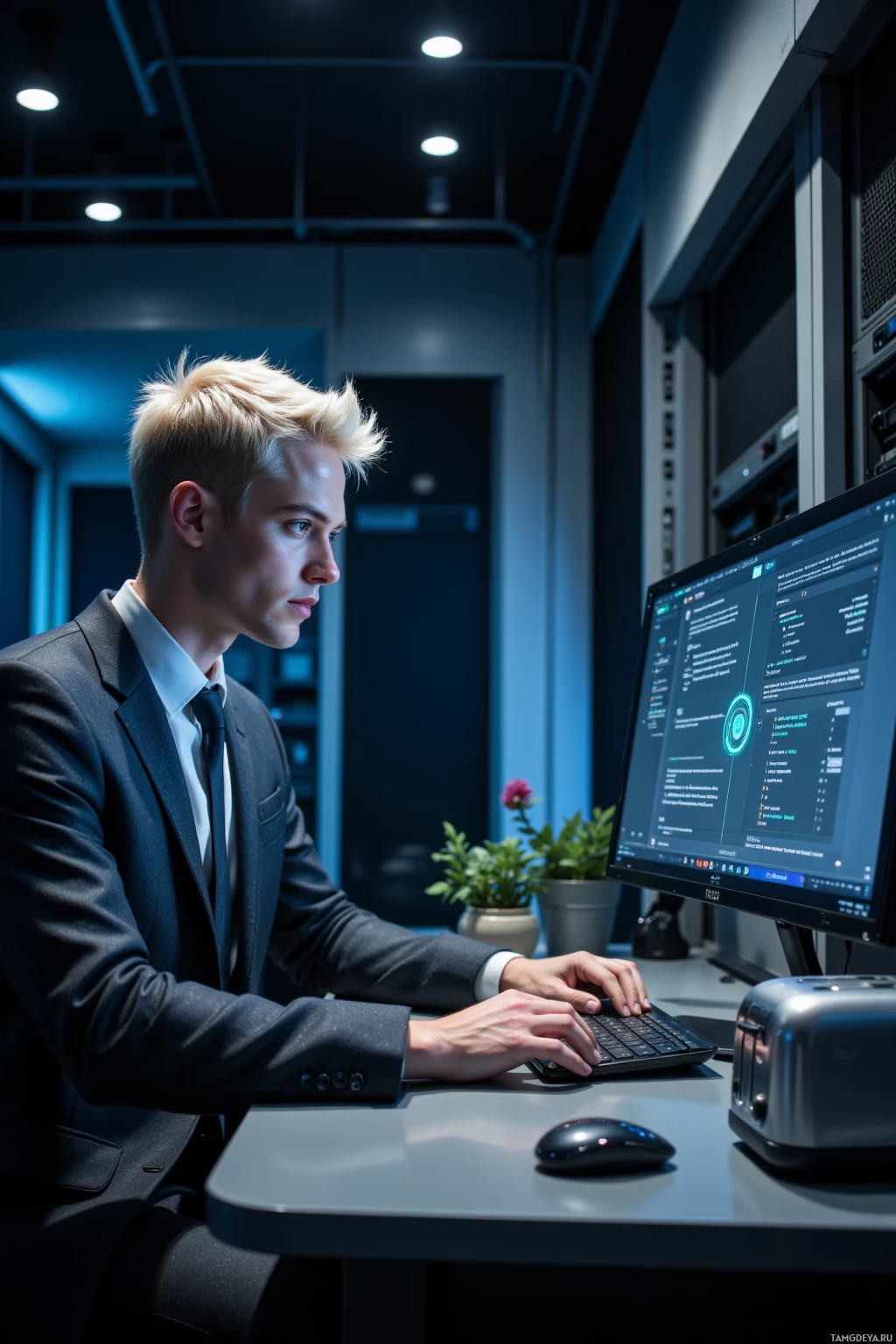 Realistic high quality photo. Male, 29, short platinum hair, blue eyes, wearing a tailored chrome‑gray suit with angular panel seams, sitting in a dimly lit server room at 3 AM, surrounded by humming server racks and a silver toaster on a kitchen table, typing a manifesto on a monitor with glowing quantum grid overlays, night‑shift ambiance.