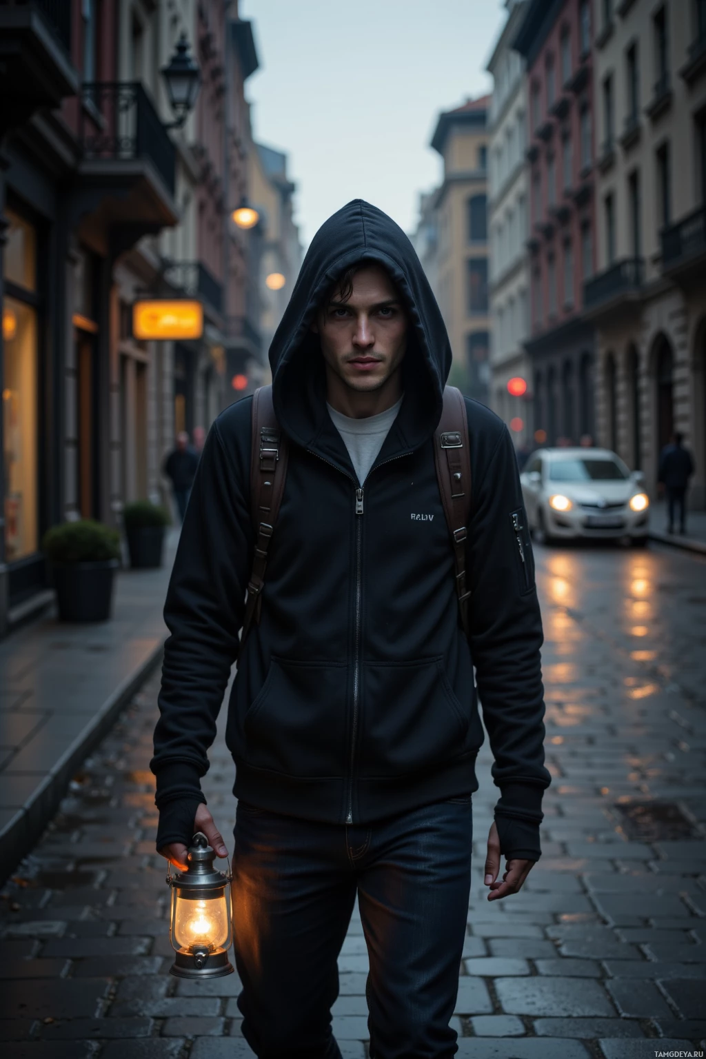 Realistic high quality photo. Man wearing a black hoodie with pale skin, dark brown hair, faint dark circles around blue eyes, carrying a lantern whose warm glow illuminates narrow city streets at dusk, walking in a measured rhythm through an unfamiliar district while the low hum of traffic echoes his solitary, introspective stride.