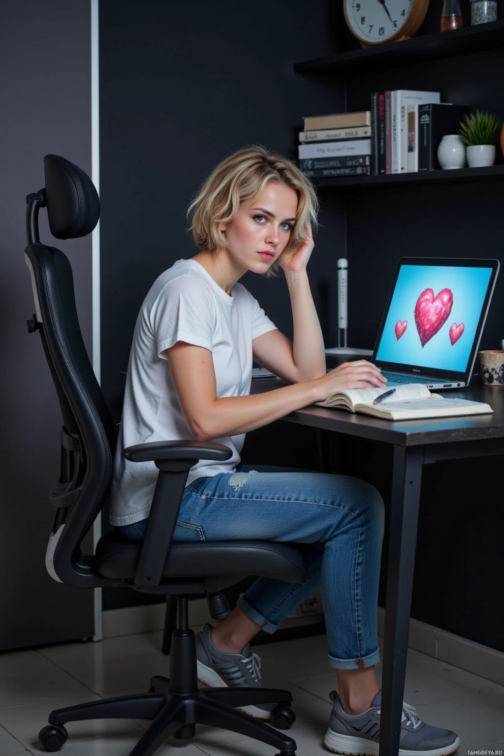 Realistic high quality photo. 30‑year‑old woman with short curly blonde hair, blue eyes, pale skin, wearing a white patterned t‑shirt, faded jeans and worn sneakers, sits at a modern desk in a dimly lit apartment, laptop screen showing a game interface with layered pixel hearts, a notebook of analytical notes open beside her, focused yet slightly frustrated expression.