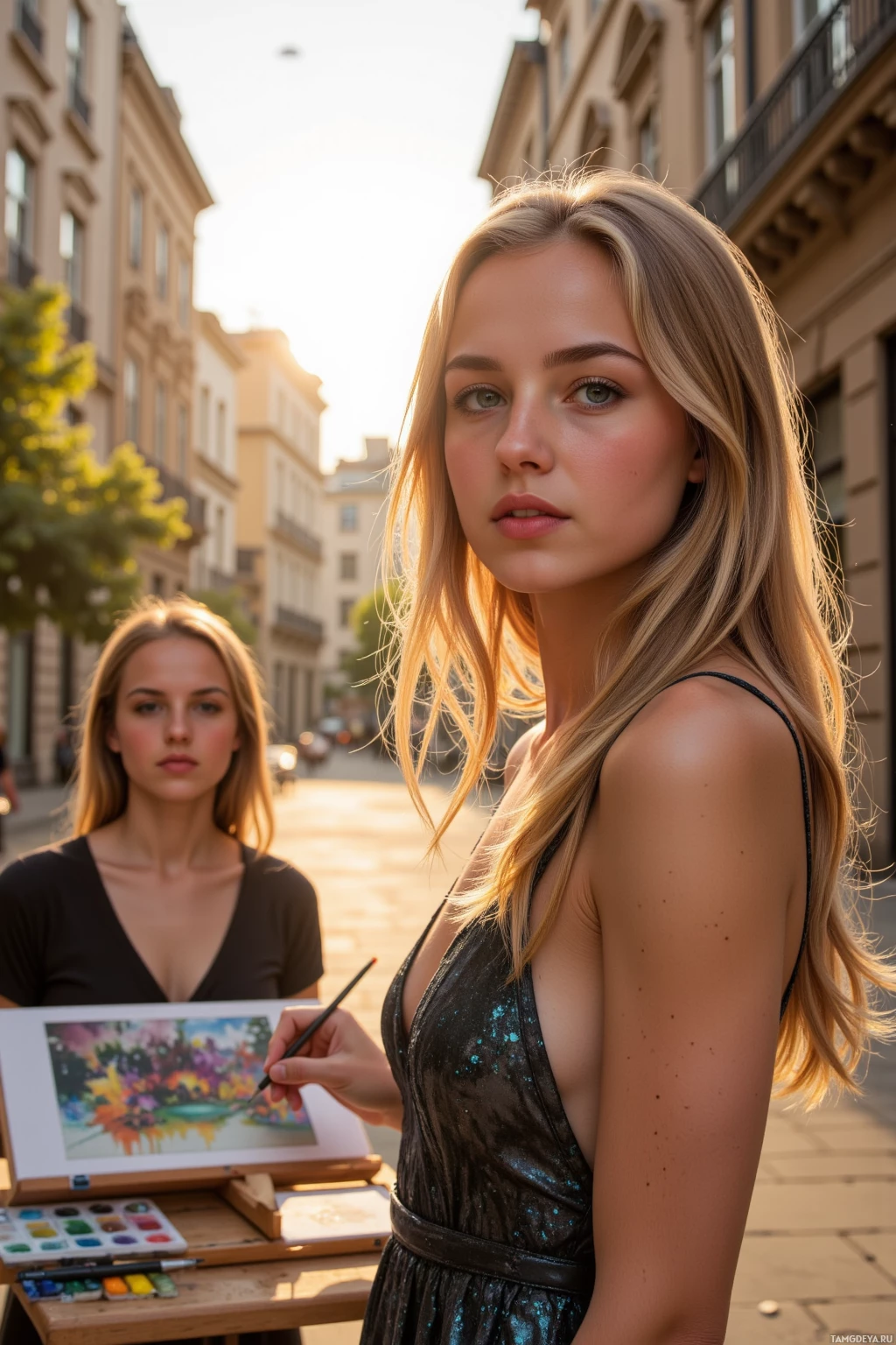 Realistic high quality photo. A 26‑year‑old woman with flowing golden blonde hair, bright blue eyes, sun‑kissed skin and a shimmering dress stands at dawn in a hidden city courtyard beside an easel and watercolor set while her friend watches from a nearby bench, both bathed in soft sunrise glow.
