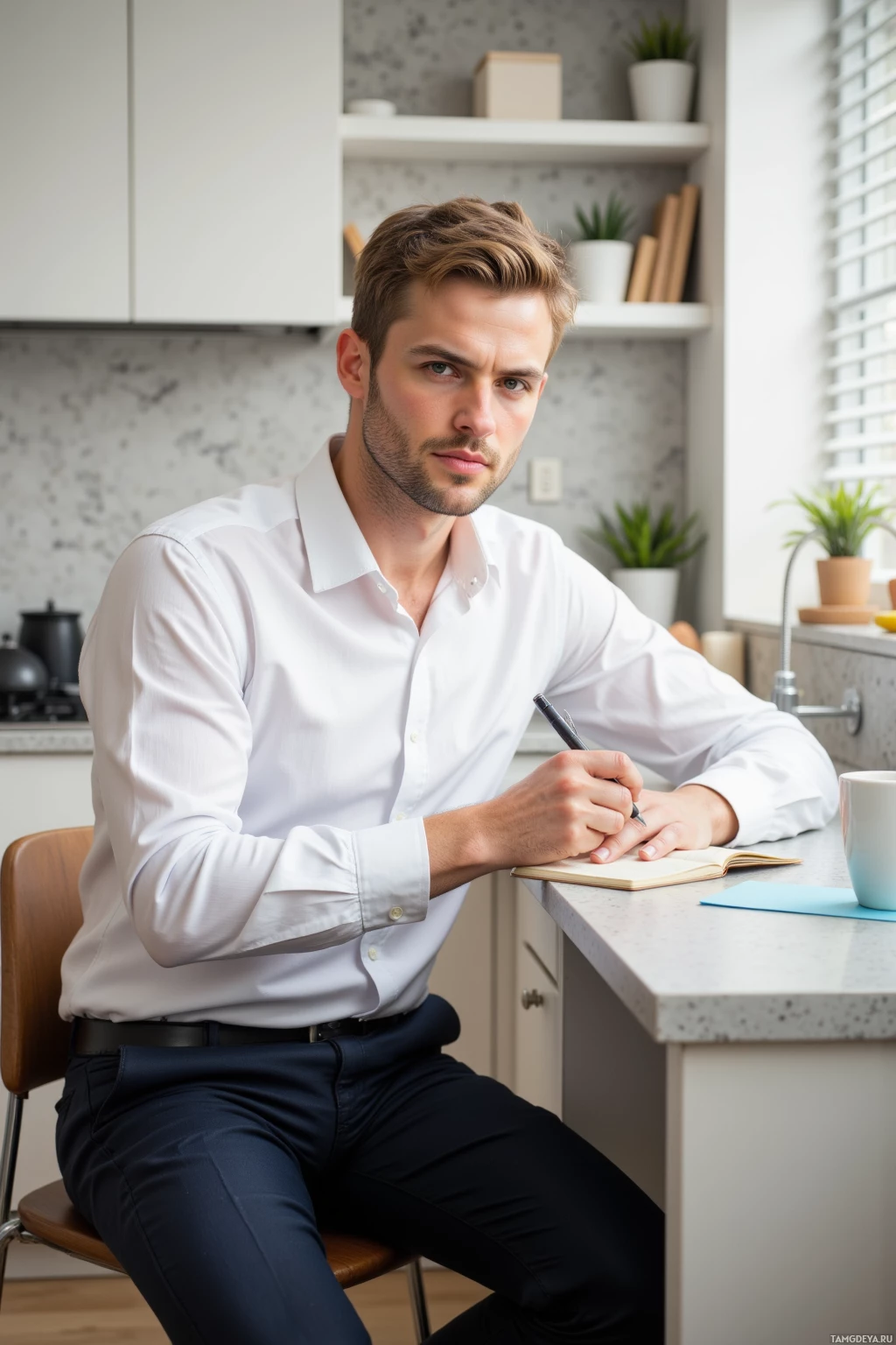 Realistic high quality photo. A 38‑year‑old man with short blonde hair, blue eyes, fair skin, wearing a crisp white shirt and dark trousers, sitting at a modern kitchen counter with blinds filtering soft morning light, jotting a single goal in a notebook with a calm, focused expression, a cup of coffee beside him.