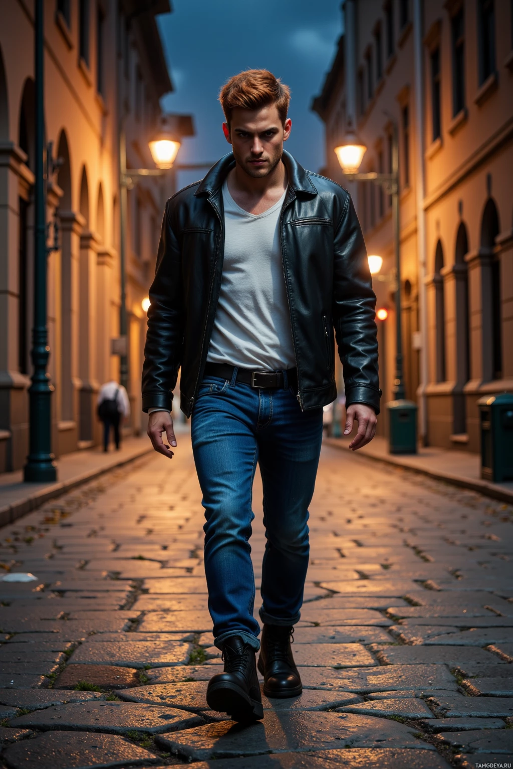 Realistic high quality photo. A determined young man with short dark red hair and intense brown eyes, wearing a black leather jacket over a white shirt, blue jeans and black boots, strides down an empty nighttime city street with cracked pavement illuminated by warm streetlamp glow.