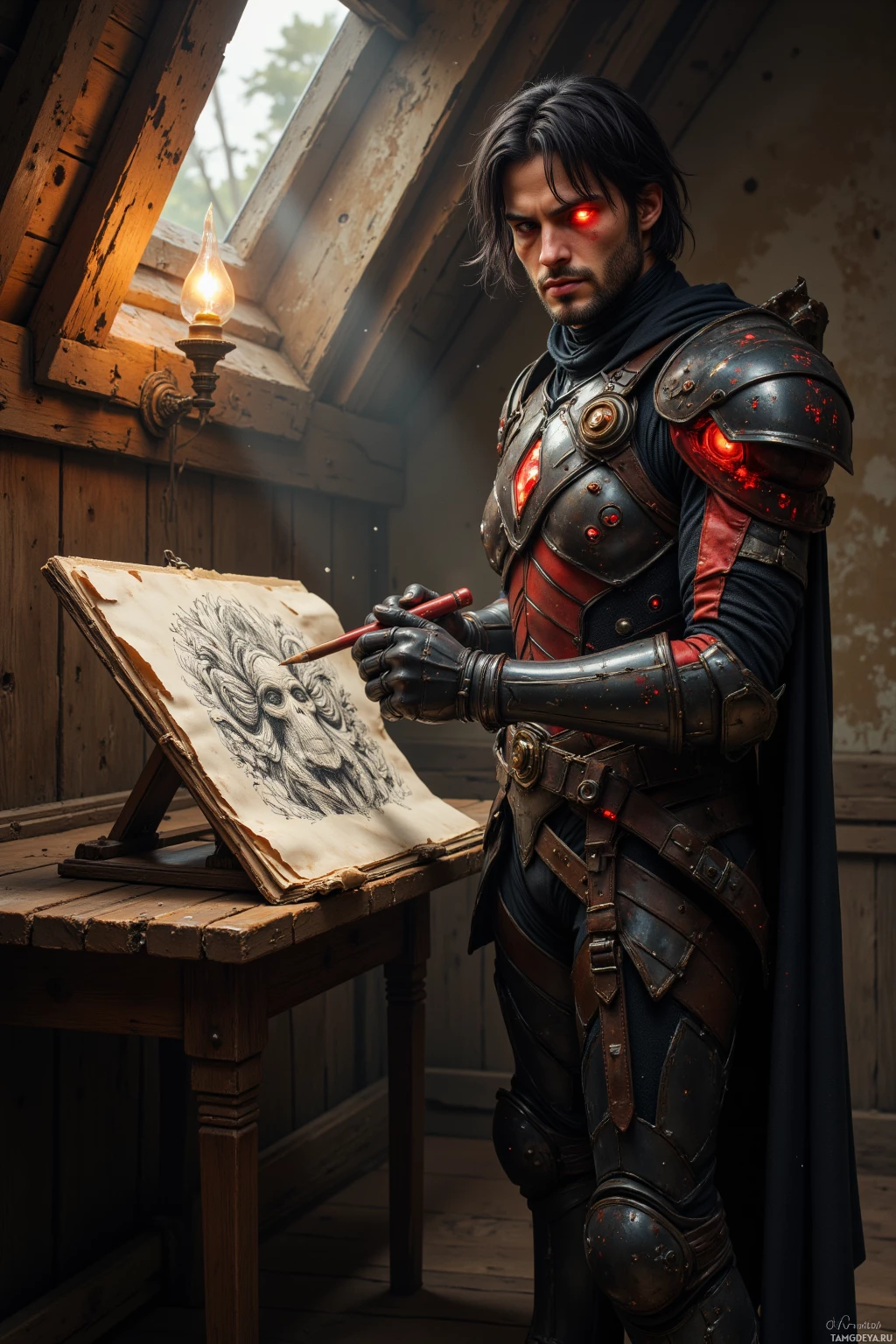 Realistic high quality photo. Male, 34, black hair, glowing ember-like eyes, wearing sleek red-tinted armor suit, stands in a quiet old attic corner under lamplight, dust motes swirling, sketching a panel of a forgotten deity on a worn sketchbook with charcoal pencil.
