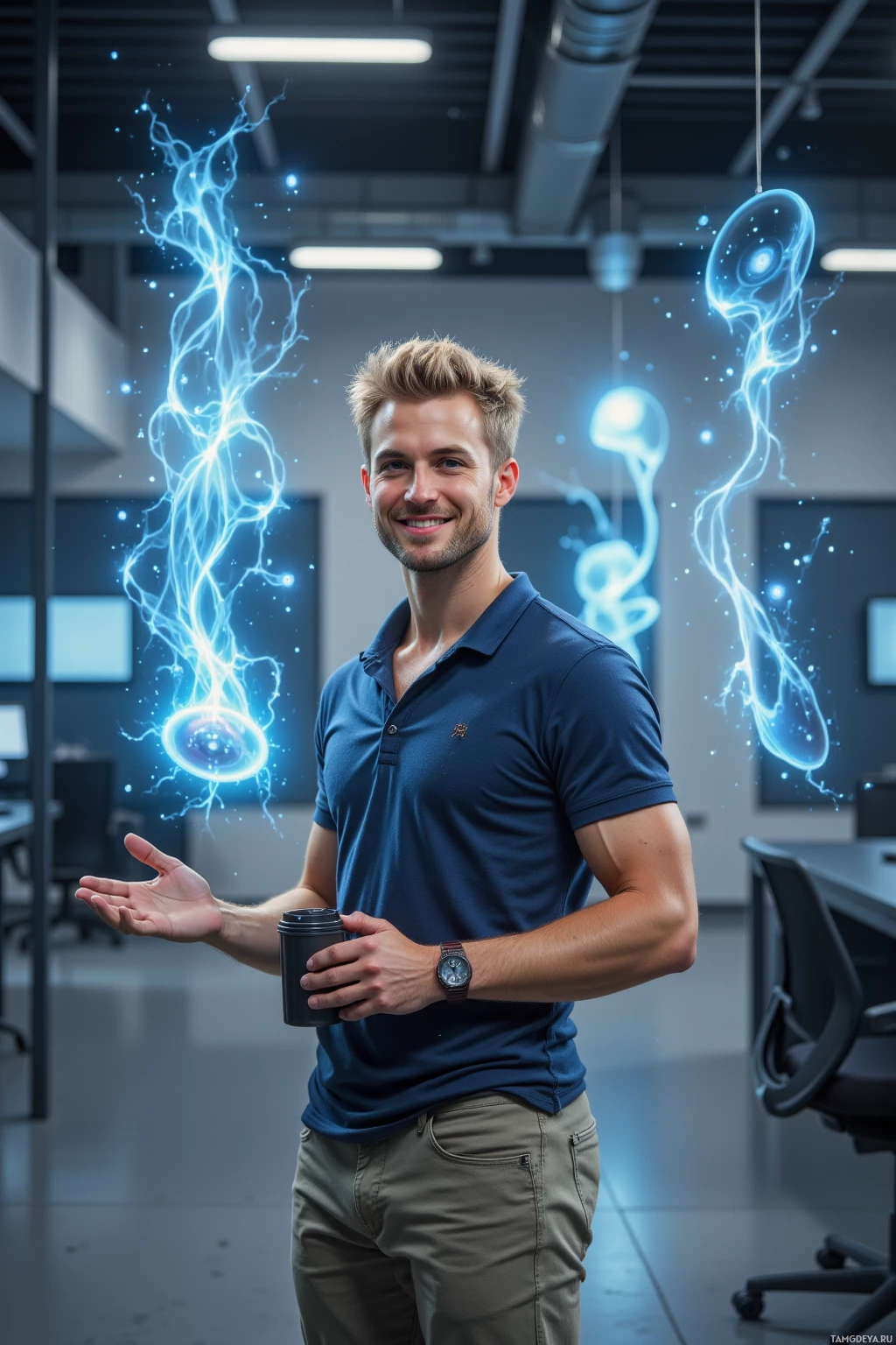 Realistic high quality photo. A 21‑year‑old man with tousled blonde hair and blue eyes in a fitted polo shirt and casual trousers stands amid floating holographic displays of overlapping timelines, smiling confidently while holding a coffee mug and gesturing a secret handshake in a sleek modern office.