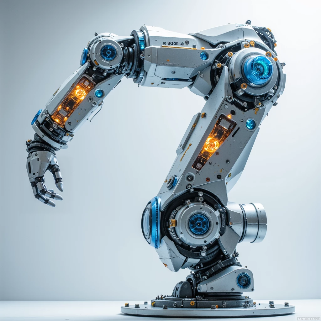 Semi-abstract image with many light, that is suitable for the post:  Modular 3‑D printed robotic arm with a sleek aluminum chassis and translucent housings exposing a maze of micro‑servo motors and flex‑sensor arrays arranged in a clean, geometrically precise pattern.
