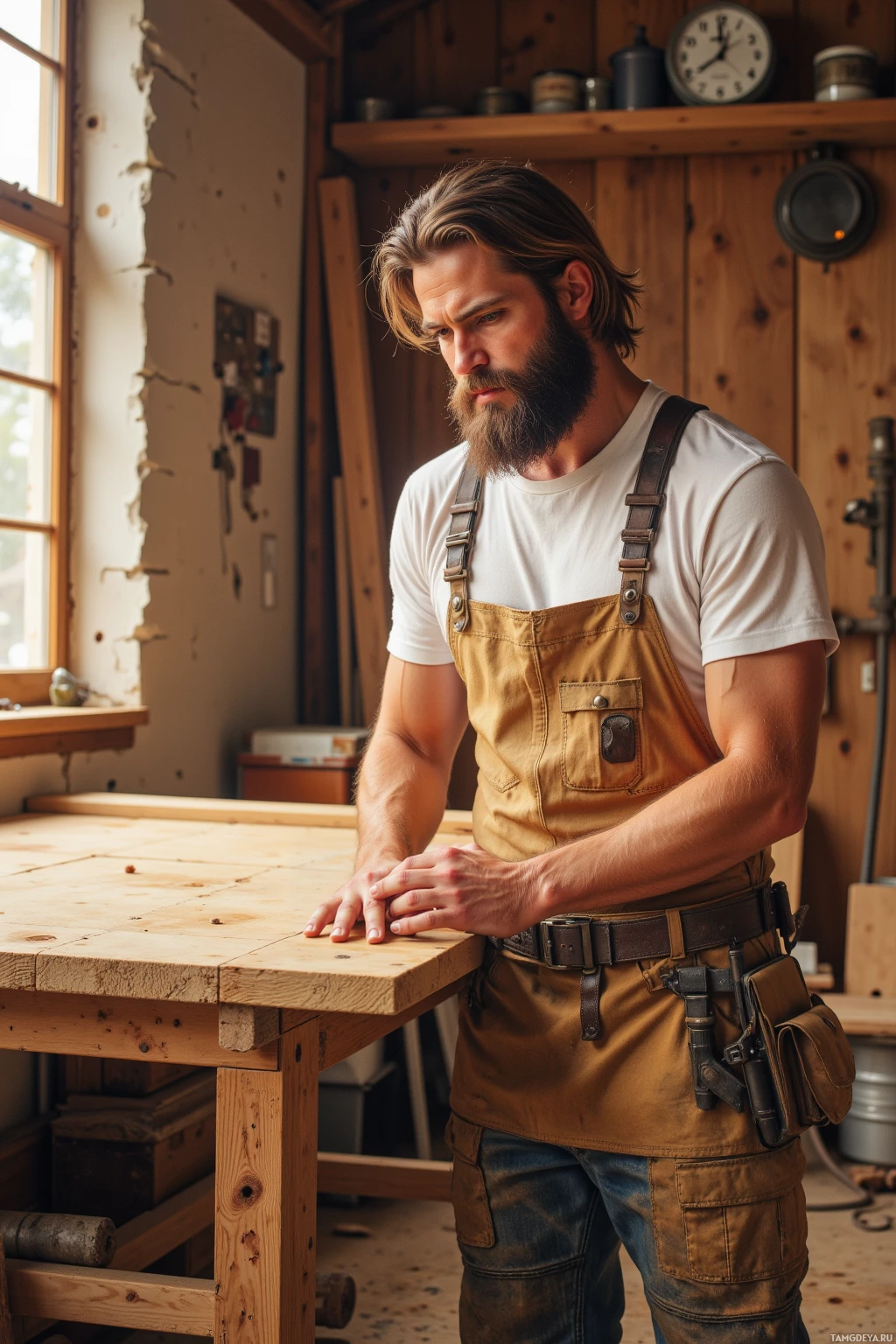 Realistic high quality photo. A seasoned male carpenter, 45, strong broad‑shouldered, shoulder‑length brown hair, full dark‑blonde beard, blue eyes, wearing a simple white shirt under a worn earth‑toned work apron, durable pants, tool belt, tightening the last screw on a long oak plank in a sunlit workshop with warm slats of light filtering through the window, pine resin scent, modern realism.