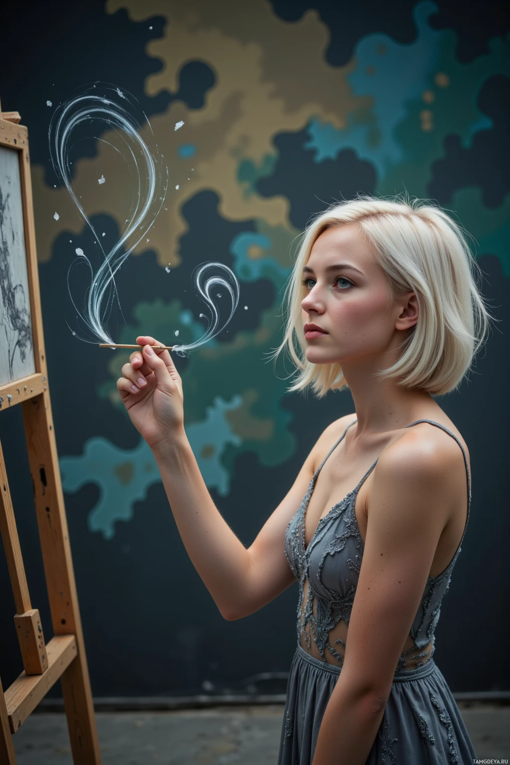 Realistic high quality photo. Woman, 24, white hair in a tousled bob, green eyes, pale skin, wearing a flowing lace dress in grey and silver, sketching ethereal chords in the air over a half‑finished mural in a dimly lit studio with dust motes and faint city hum, quiet sarcastic smile, atmosphere of experimental poetic silence.