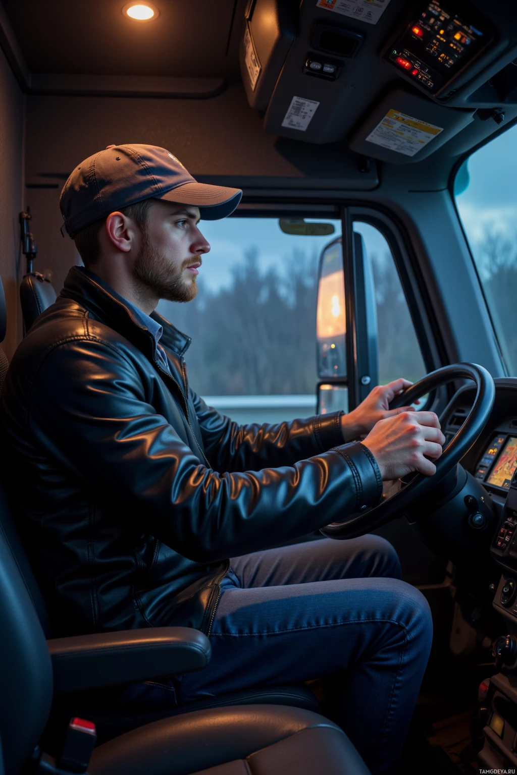 Realistic high quality photo. A 28‑year‑old male truck driver with short blonde hair, blue eyes, pale complexion, wearing a black leather jacket, dark jeans, and a casual cap, seated in a modern semi‑truck at night on a highway, staring at a glowing GPS screen, heavy cargo visible in the trailer, engine humming, calm and focused expression.