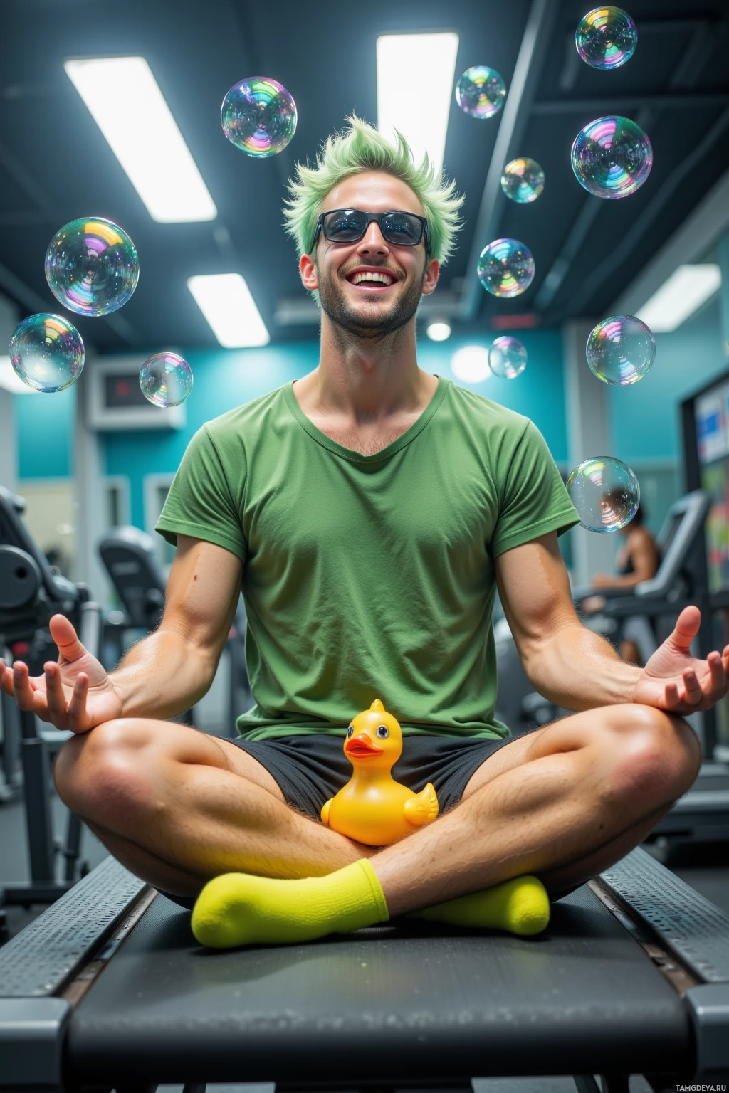 Realistic high quality photo. Relaxed 22‑year‑old man with light green‑tinted hair, fair skin, bright blue eyes, wearing casual summer shorts, green t-shirt, neon socks and sunglasses, humming while laughing on a treadmill in a gym room surrounded by fizzy bubbles from a bubble machine and holding a rubber duck as a meditation cushion.