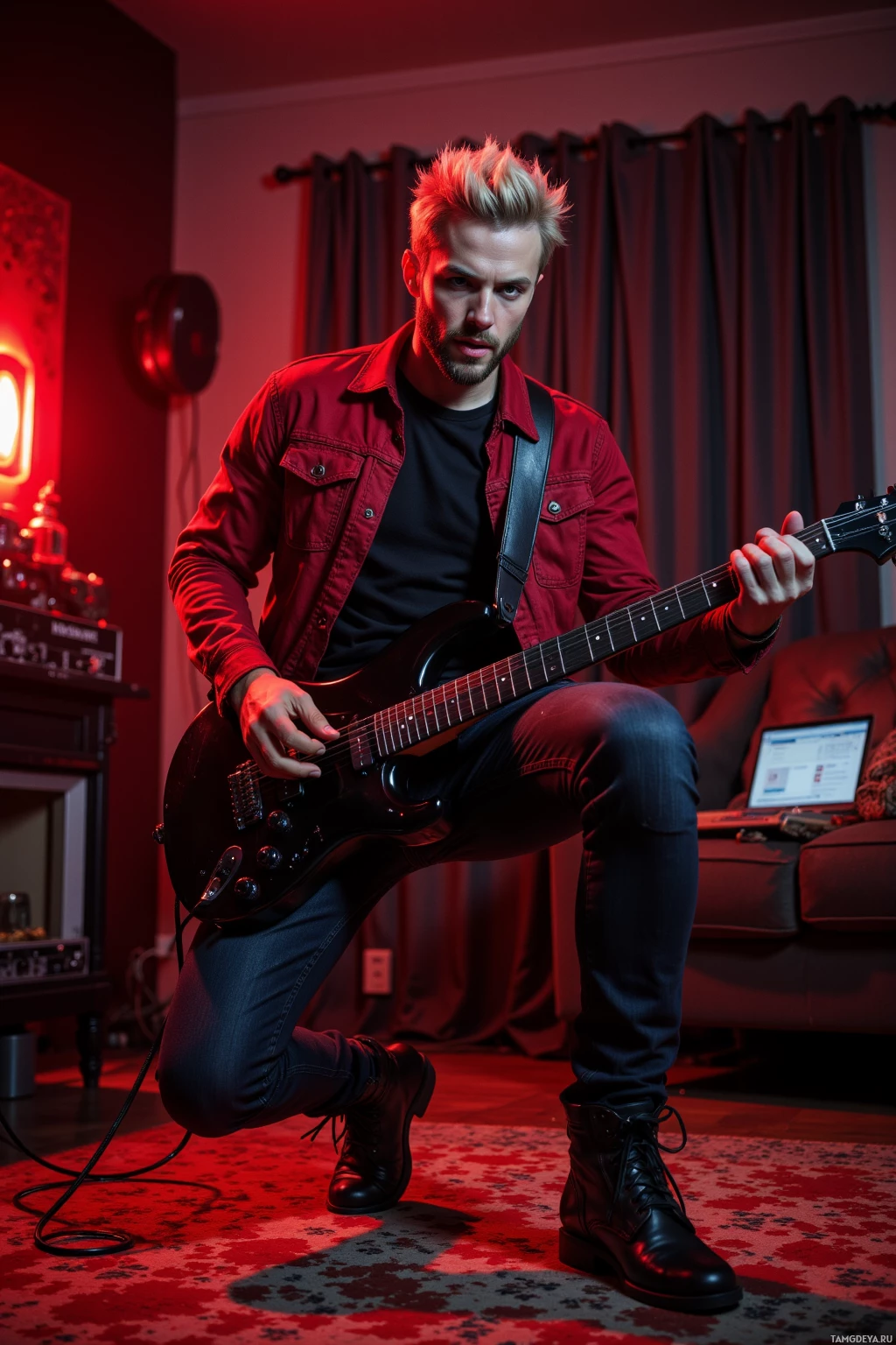 Realistic high quality photo. A fit 36‑year‑old man with bright blonde hair, piercing blue eyes, wearing a fiery red jacket over a black shirt, dark jeans, and heavy black boots, passionately plays an electric guitar on a living room floor with a red fire alarm flashing, surrounded by dim amber studio glow, a pizza box, and a laptop open to track notes, late at night, exuding rebellious metal energy.