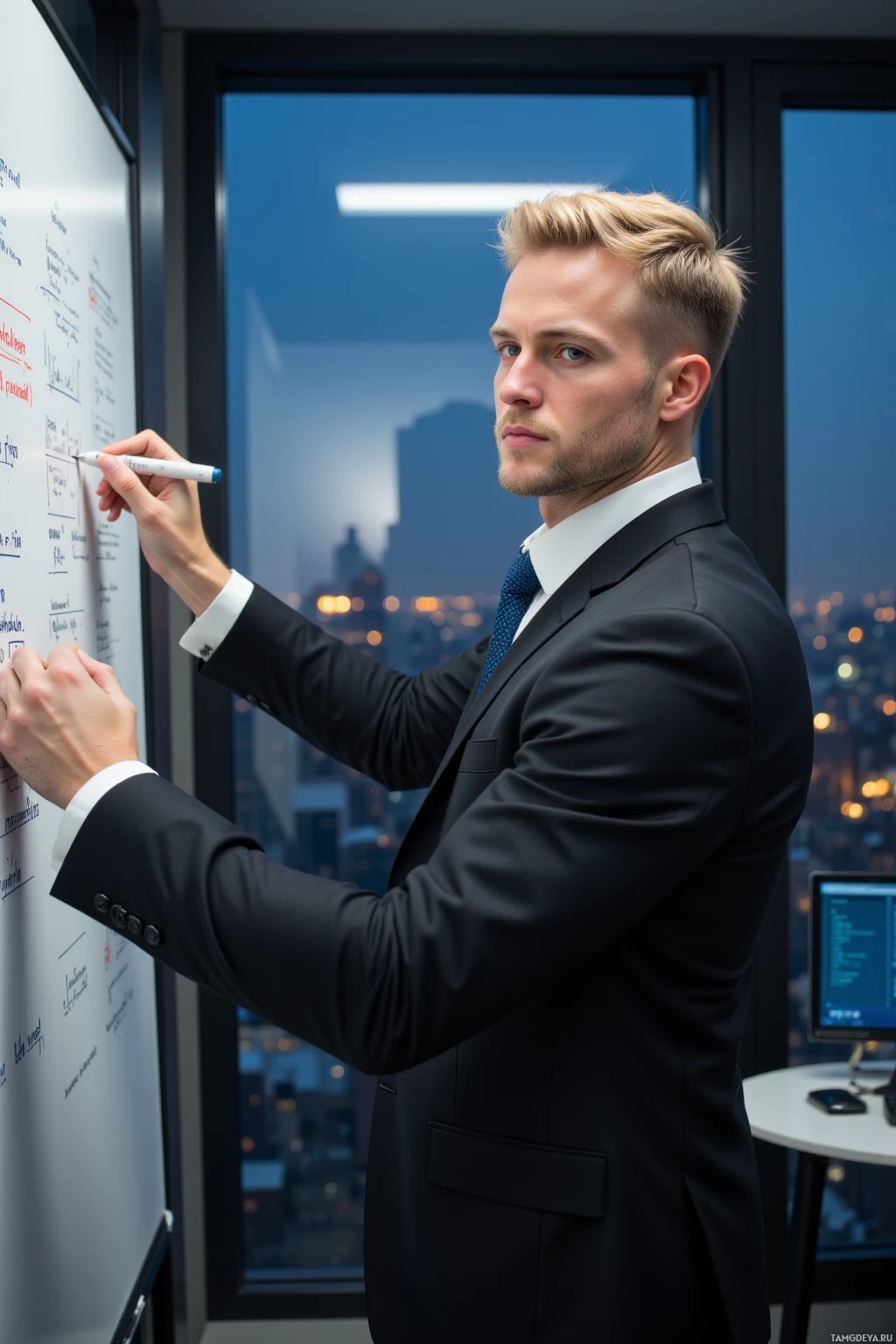 Realistic high quality photo. A 31‑year‑old male with blonde hair, bright blue eyes and fair skin, wearing a sleek black suit, stands in a modern office at dusk sketching detailed algorithms on a whiteboard while the window shows distant streetlights like flickering stars, holding a marker with a focused, confident expression.