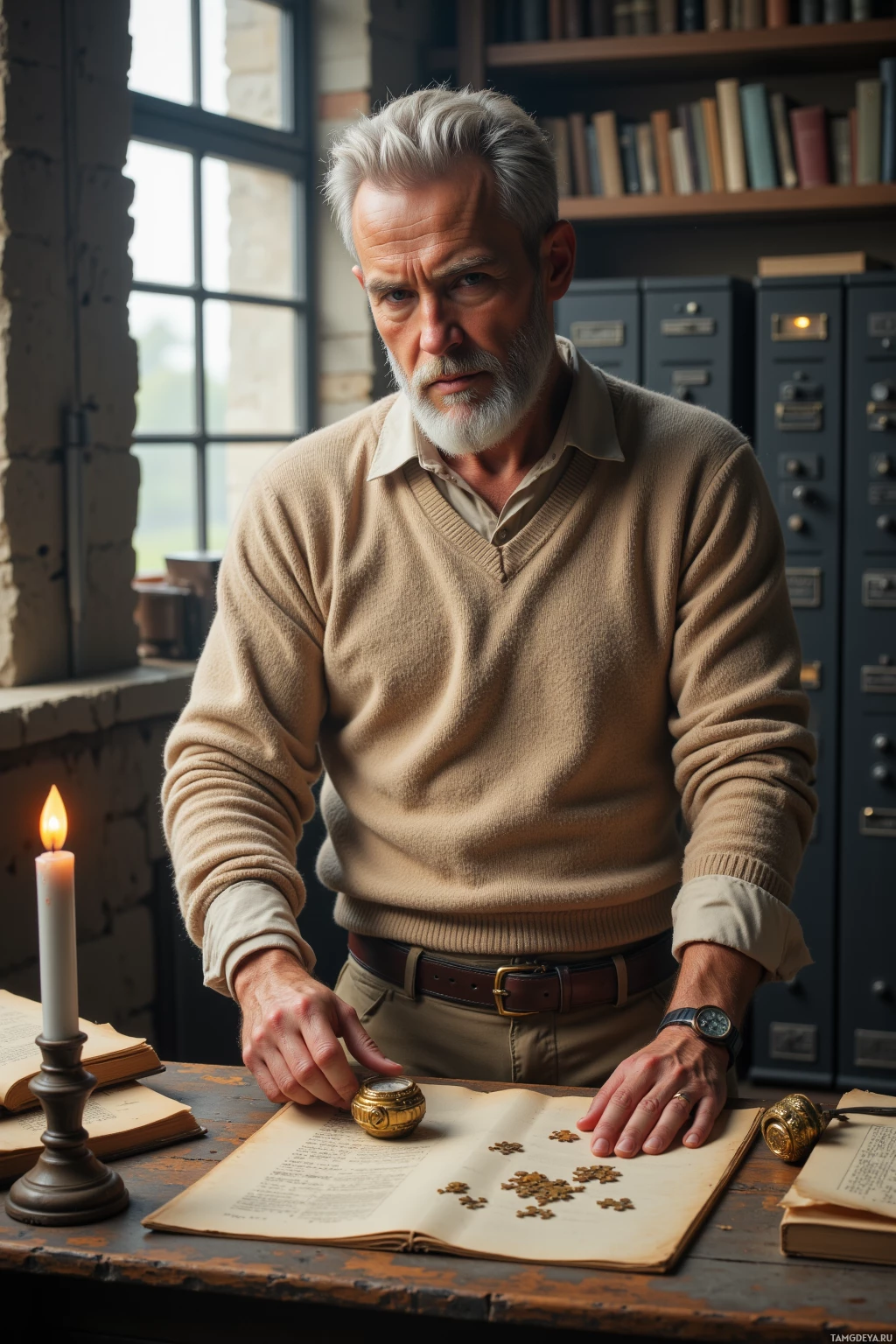 Realistic high quality photo. An elderly archivist, 60, silver‑white hair and trimmed beard, blue eyes, wearing a soft beige sweater over a collared shirt and khaki trousers, dusting a brass antique watch beside a glowing phosphorescent candle in a modern loft filled with old parchment, a notebook with a puzzle, and humming computer servers, with late afternoon light filtering through large windows.