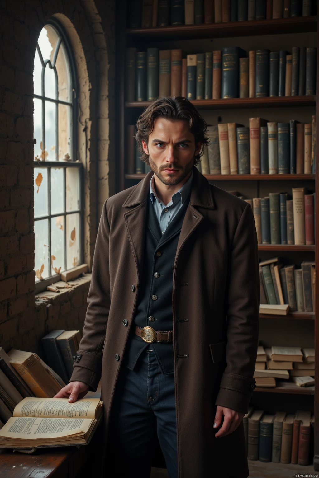 Realistic high quality photo. A 32‑year‑old man with dark wavy hair, piercing blue eyes, pale skin, slender build, wearing a long dark brown coat with subtle patterns, standing in an old bookstore with cracked windows letting filtered light scatter across worn shelves and his notebook, exuding calm, introspective solitude.